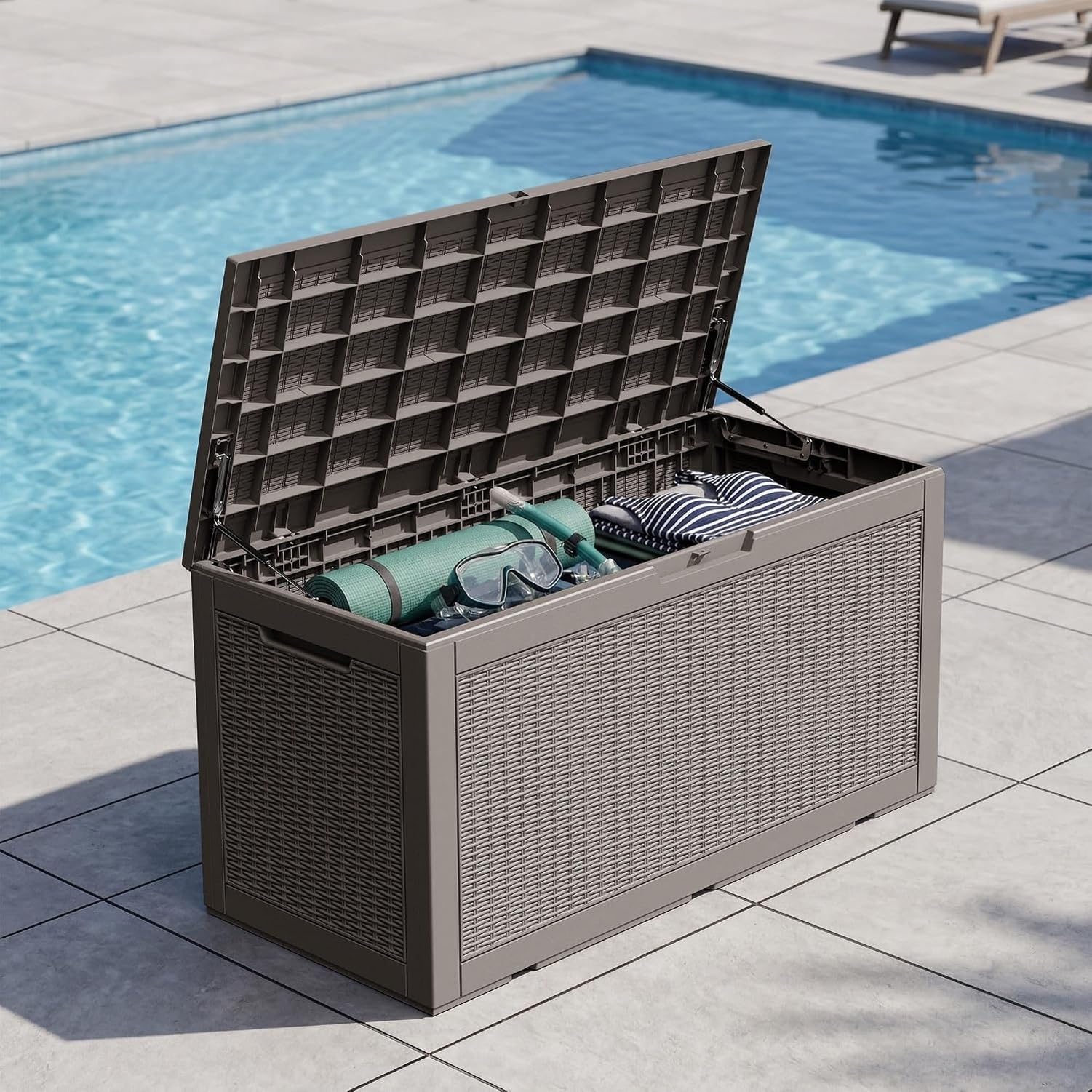 Baulera Exterior Impermeable 130L para Almacenaje Terraza, Ratán Gris