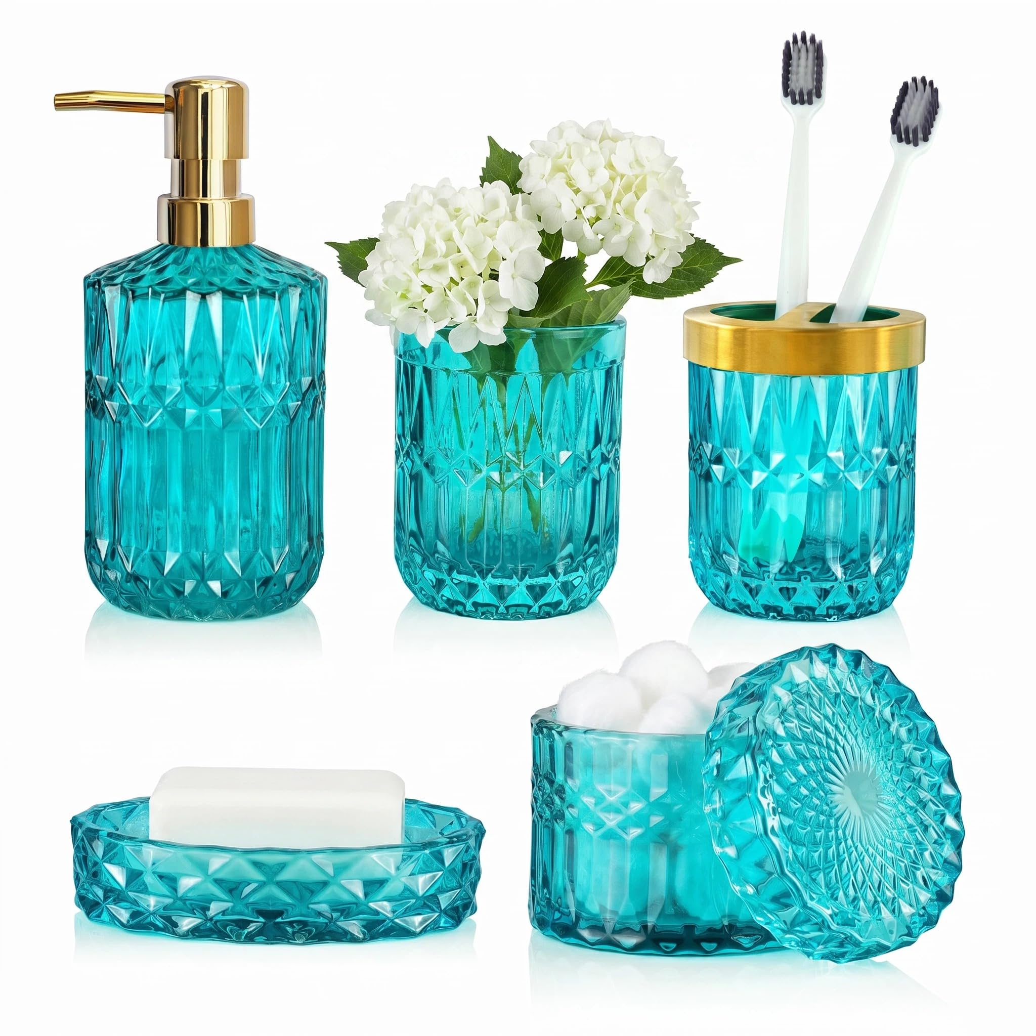 LaMarriti Teal Blue Bathroom Accessories Set, 5Pcs Clear Glass Bathroom Set, Hand Soap Dispenser Set, Soap Dish, Toothbrush Holder, Tumbler, Q-Tips Holder for Crystal Vantage Bathroom Decor