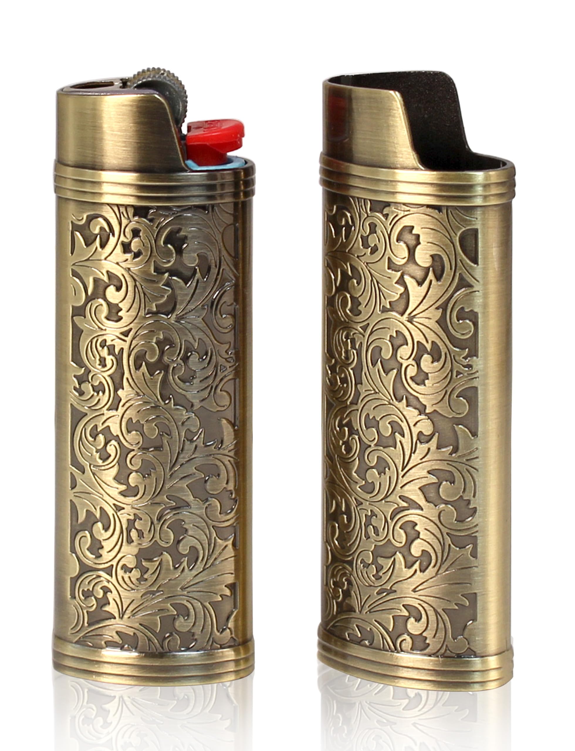 HUMWE 2 Pack Vintage Metal Lighter Case Cover Front Arabesque Engraving Reusable Lighter Sleeve for Bic J6 Regular Lighters (Style1-Bronze)