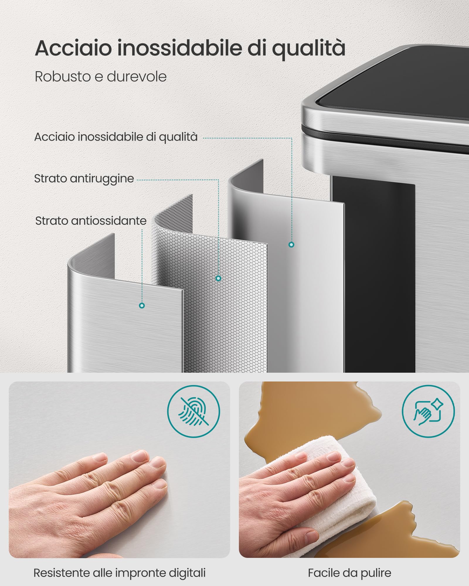 SONGMICS Pattumiera da Cucina 50 L, con 15 Sacchi per Spazzatura, Acciaio Inox, Secchio in Plastica Rimovibile, Cestino a Pedale con Coperchio Maniglie Chiusura Morbida, Colore Argento LTB595E01
