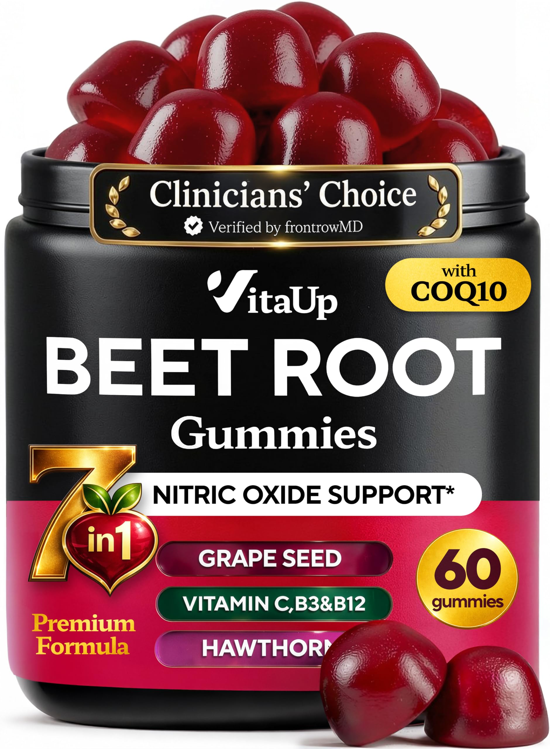 VitaUp Beet Root Gummies – Beetroot Gummies with CoQ10, Grape Seed, Vitamin C, B12 & B3 – Nitric Oxide Gummies for Circulation Support – Beet Supplement for Energy & Immune Support – 60 Beets Chews