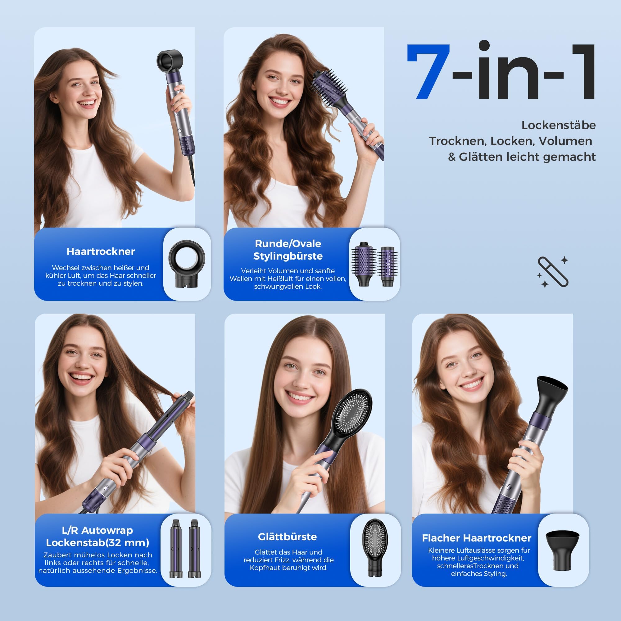 Teendow Airstyler zestaw do stylizacji włosów 7 w 1 z torbą do przenoszenia – automatyczna lokówka, Beach Waves Styler, suszarka jonowa, suszarka do włosów, okrągła suszarka do włosów i prostownica