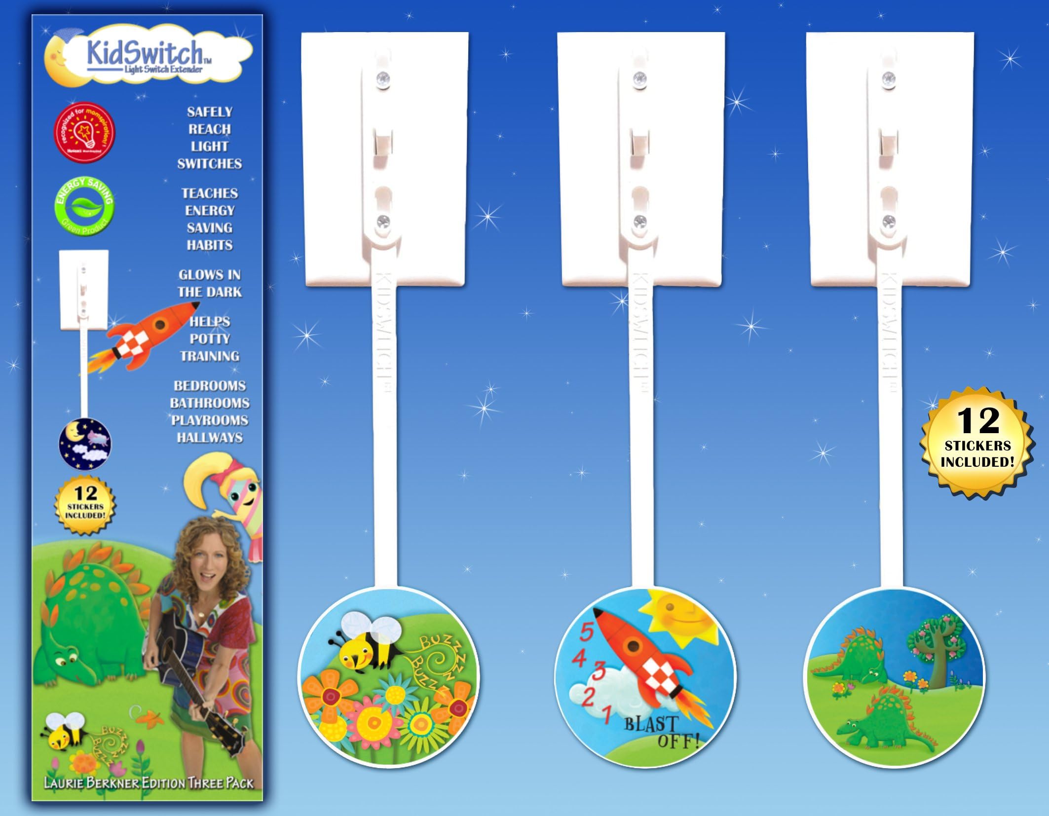 KidSwitch Lightswitch Extension for Toddlers - Laurie Berkner Edition - 3 Count - Includes 12 Themed Art Decals - Multi-Award Winning!