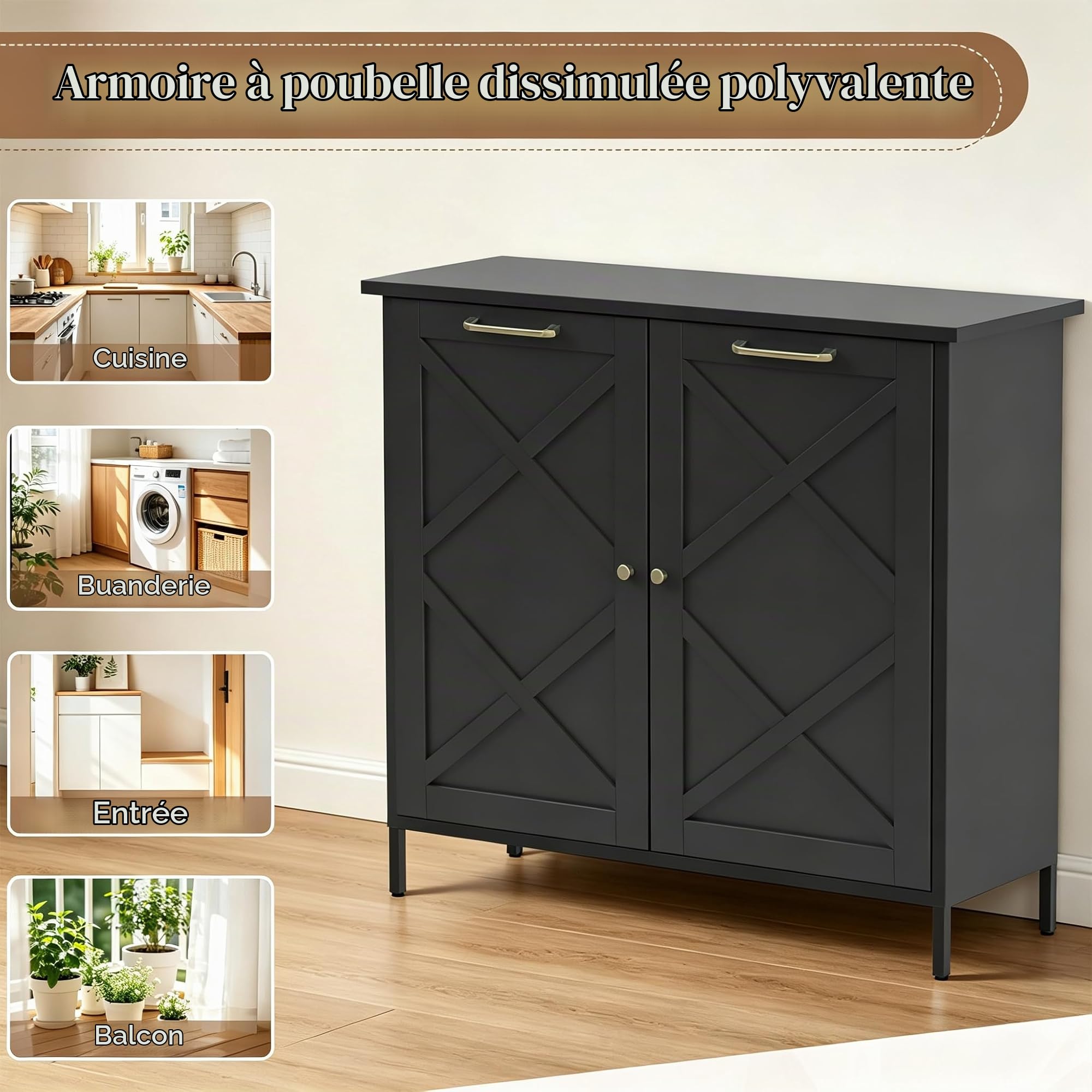YODOLLA Armoire à poubelle, double armoire de cuisine pliable avec plan de travail, îlot de cuisine autonome avec 2 tiroirs, armoire à déchets cachée, commode de cuisine pour cuisine et salon