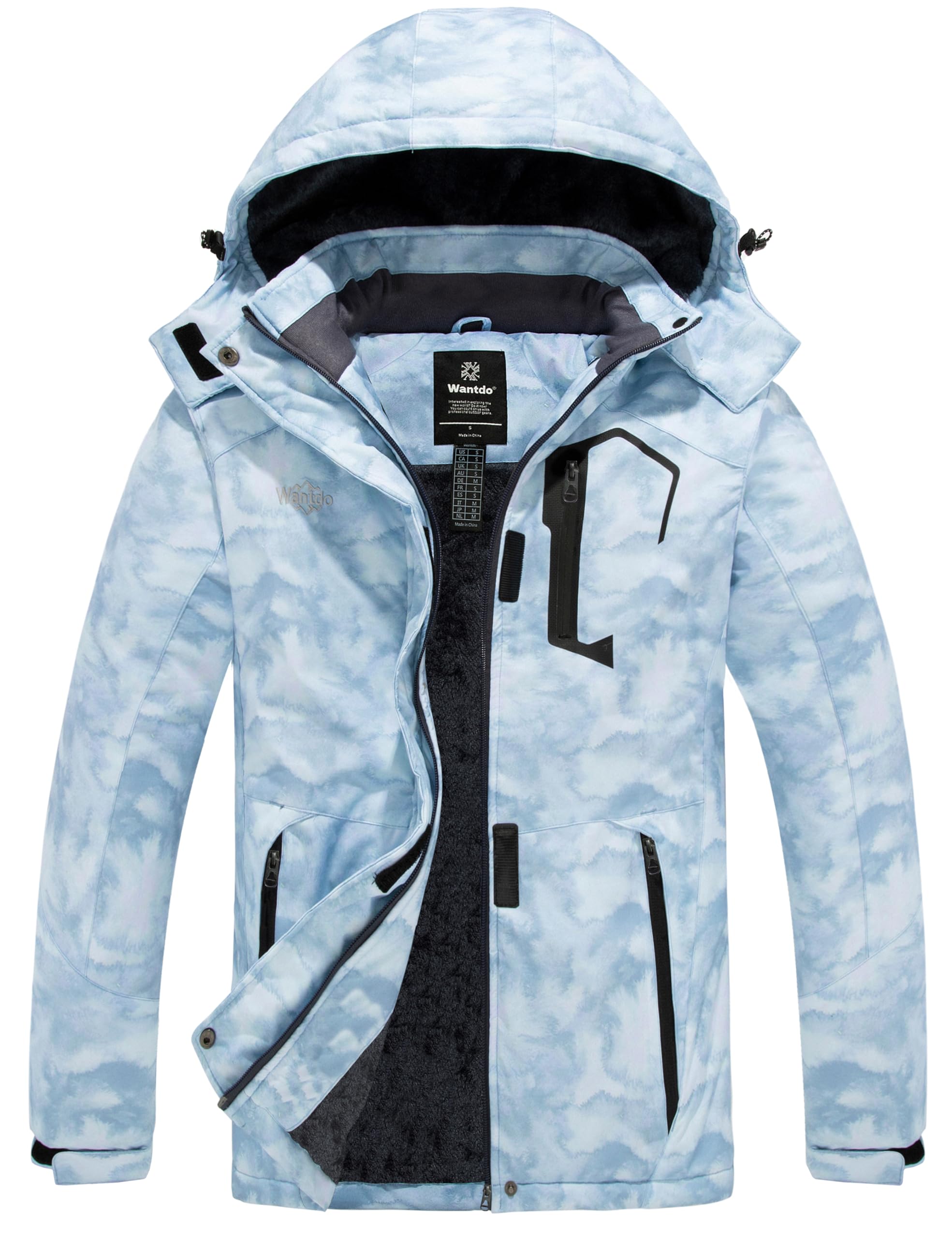 Wantdo Damen Skijacke Fleece Kapuze Winter Windbreaker Jacke | Wasserdicht,Winddicht,Warm Gefüttert, Brusttasche,Verstellbare Bündchen, Damen Wintermantel,Outdoor,Snowboard,Wandern,Berg
