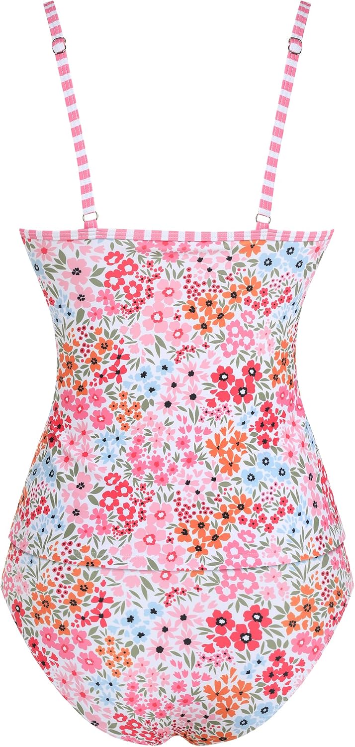 ZAFUL Two Piece Womens Tankini Swimsuits V Neck Color Blocked Plaid Tummy Control Swimsuit with Wigh Waist Briefs Swimwear