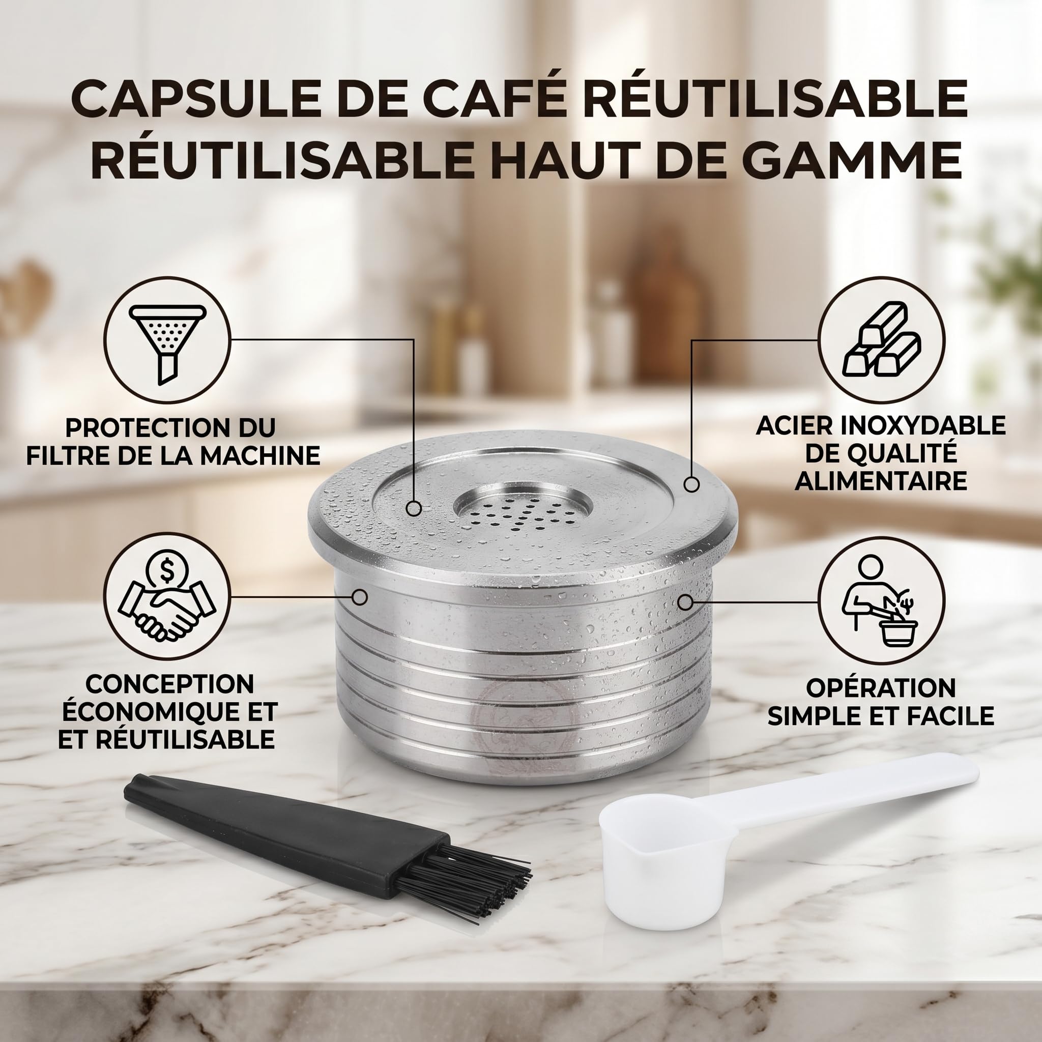 Cápsula de café reutilizable de acero inoxidable y cepillo, filtro recargable fácil de limpiar para DELTA Q NDIQ7323