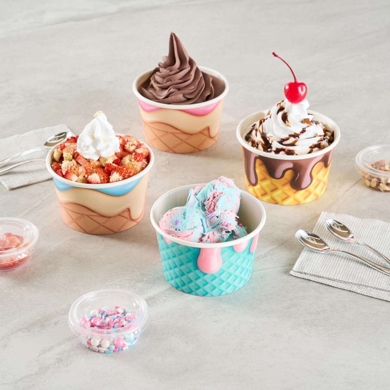 Restaurantware Ice Cream Cups 200 Pack of 8 oz Leak-Resistant Disposable Dessert Bowl Frozen Yogurt Cup Round Paper Container For Cold And Hot Desserts