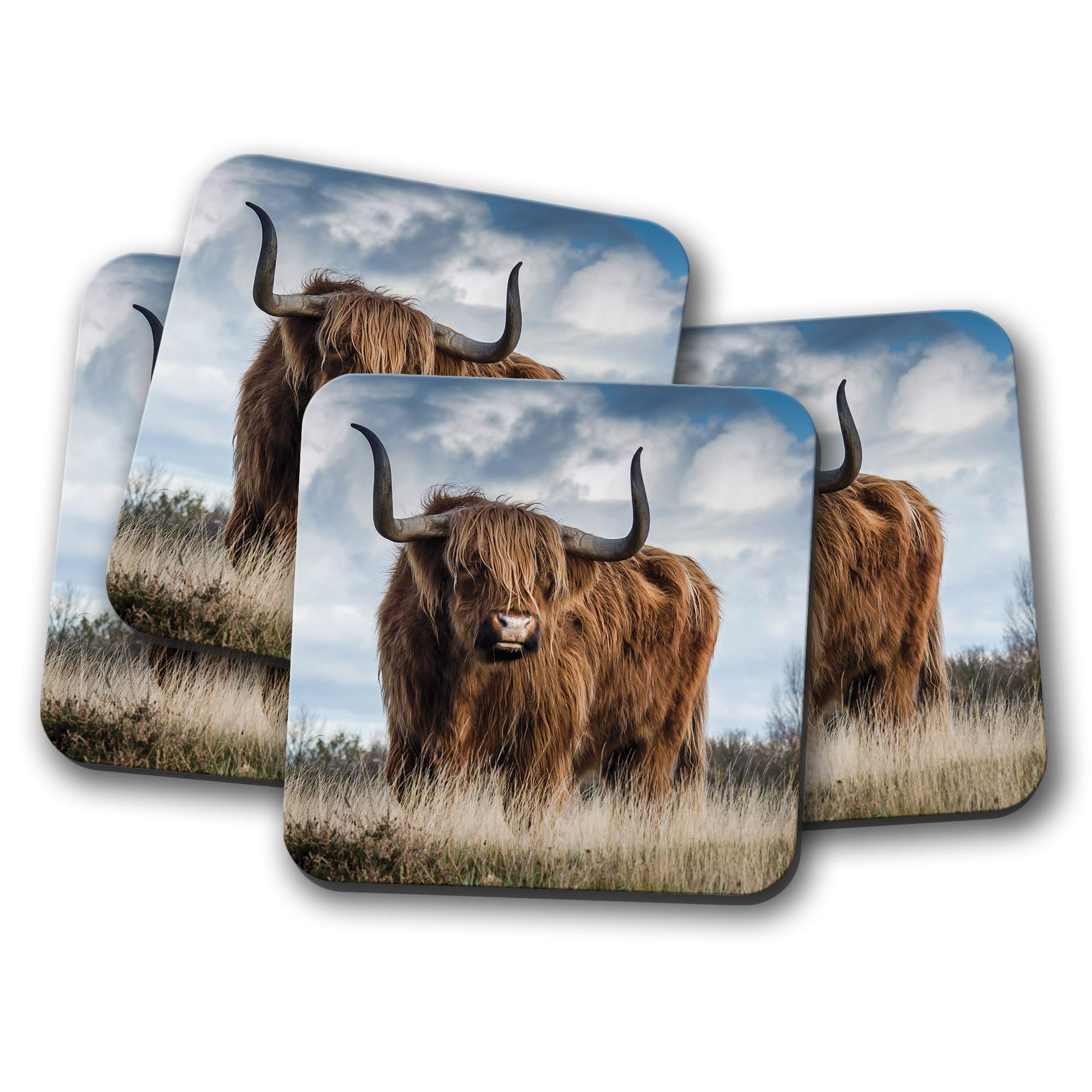 4 Set - Funny Highland Cow Coaster - Cattle Scotland Hairy Fluffy #13165