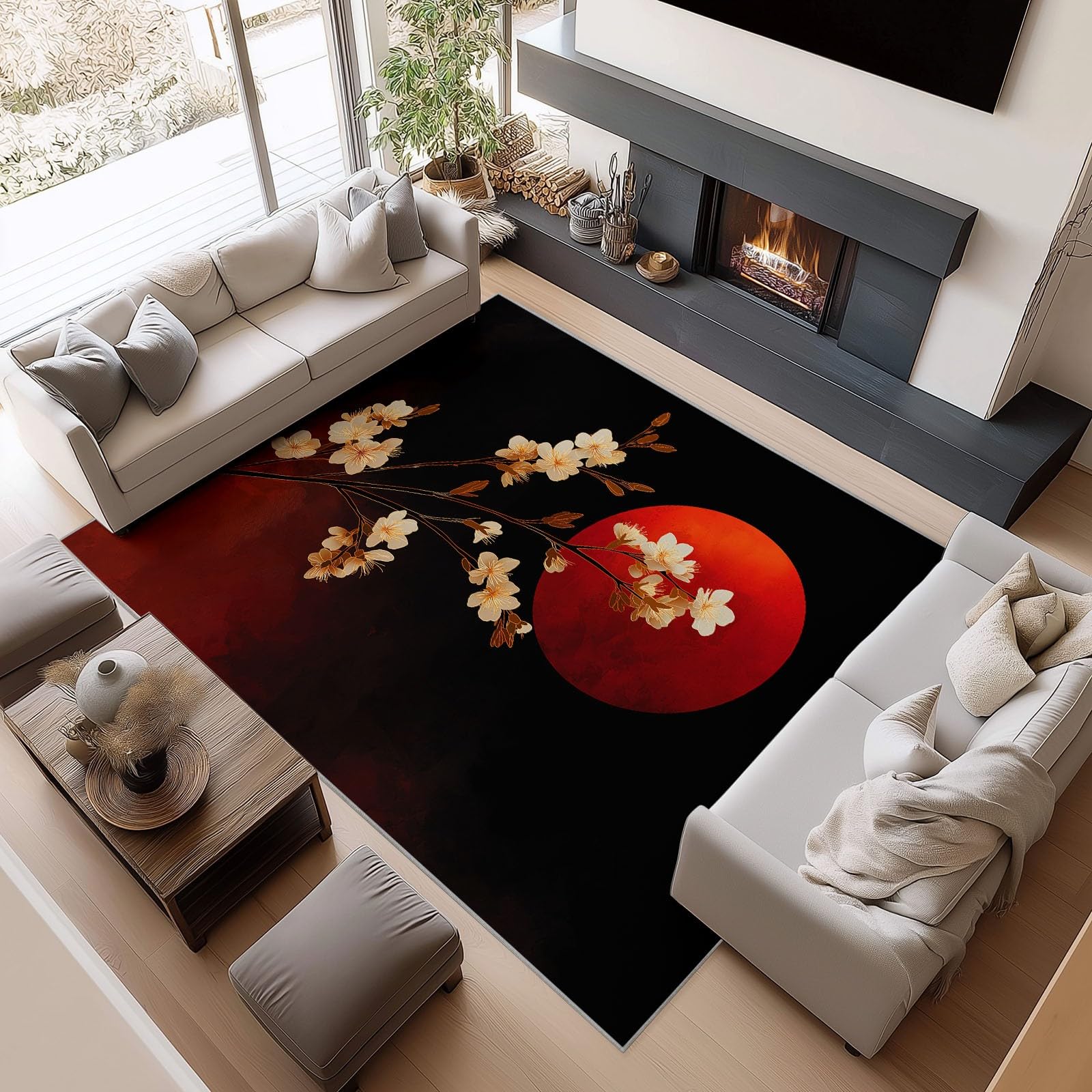 Antidérapante Tapis de Salon Chambre - Salon Super Doux Salle à Manger Faux Tapis en Laine, Motif Fleurs crème Soleil Rouge Style Japonais Rug Décoratif Résistant Lavable Noir et Rouge 120 x 180cm