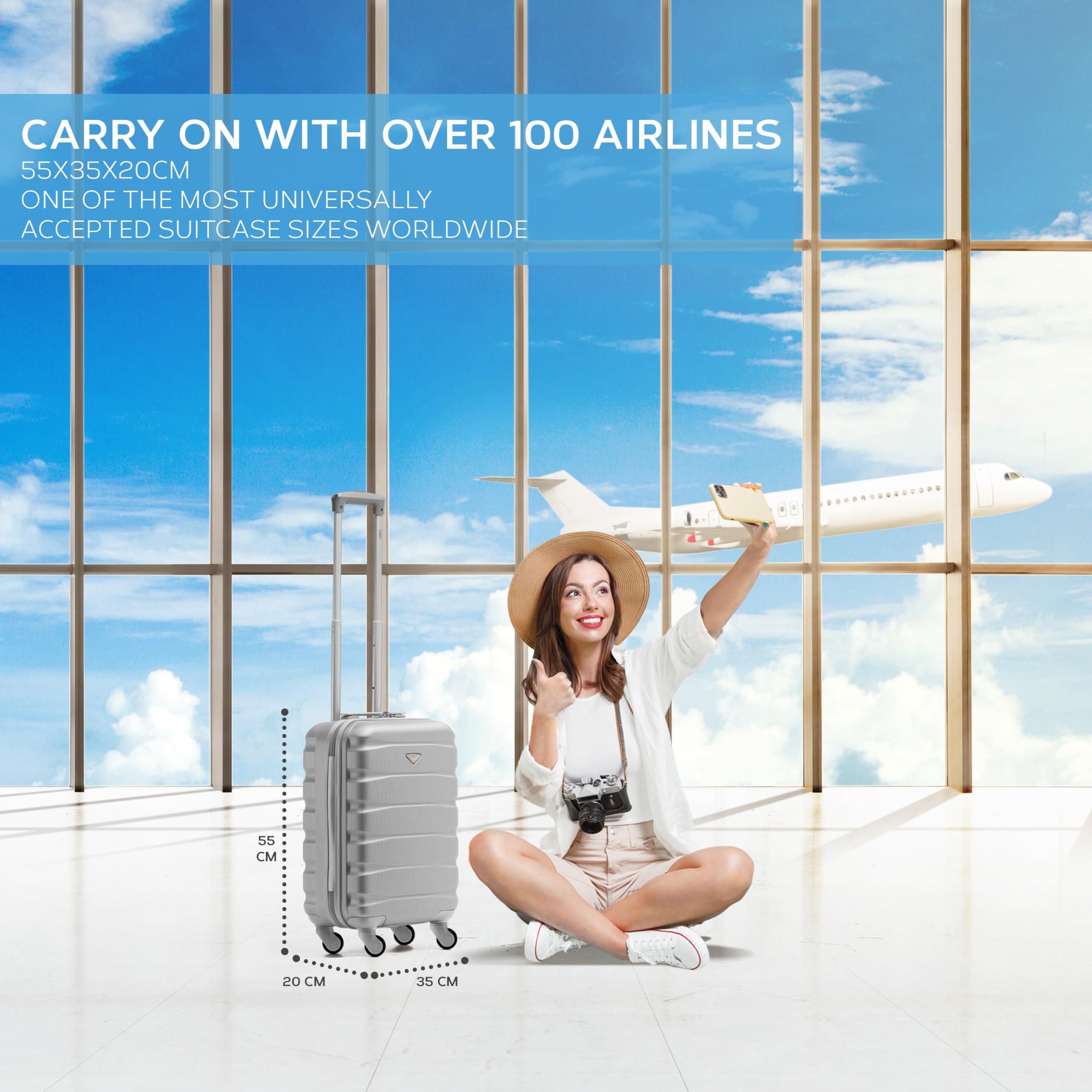 Flight Knight Lightweight 4 Wheel ABS Hard Case Suitcases Cabin Carry On Hand Luggage Approved for Over 100 Airlines Including British Airways, easyJet, Jet2 & Wizz 55x35x20cm - TSA Lock