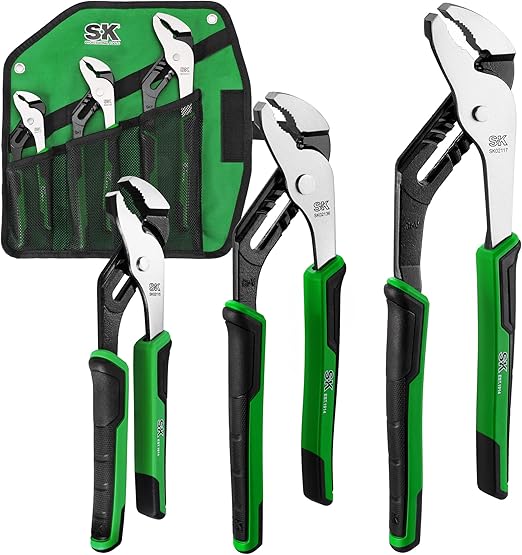 SK 3-Piece Groove Joint Pliers Set, Adjustable Water Pump Pliers, 8-inch, 10-inch, 12-inch, Premium CR-V Steel Construction, Serrated Jaw with Comfortable Grips, Organized in Rolling Pouch