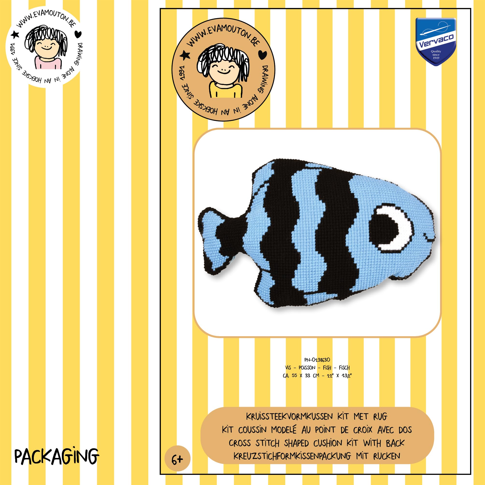 Vervaco Kreuzstich Stickpackungen Kissen Stickerei Set mit Kissenrücken Anfänger Vorgedruckt Fisch DIY Set Kreativ Set Für Erwachsene55 x 33 cm Bastelset Handwerker Haus Dekoration