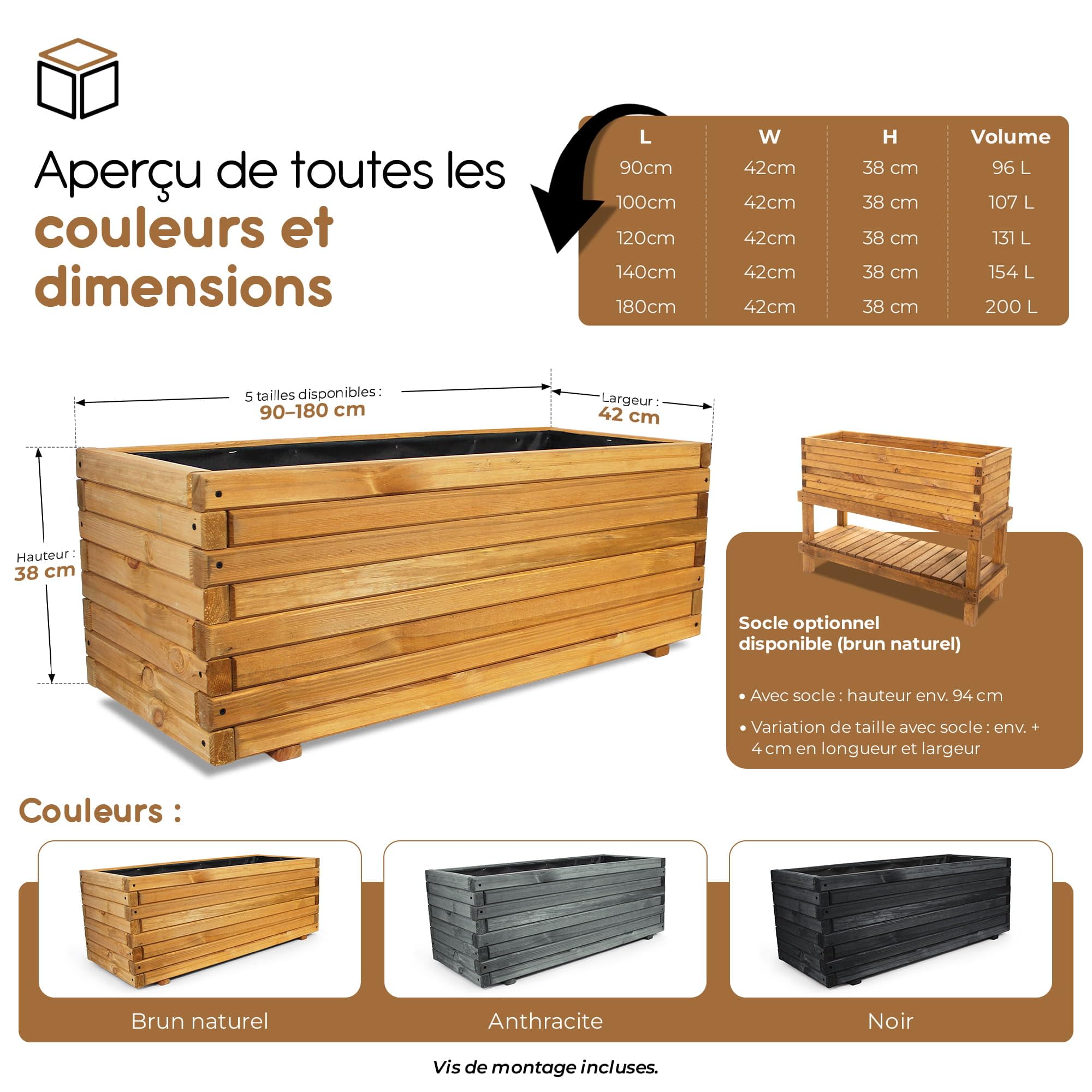 BooGardi Bac à Fleurs rectangulaire Grand Format intérieur/extérieur avec Feutre géotextile, 10 Tailles, Longueur 120 cm, Brun Naturel, jardinière en Bois pour Jardin, Balcon, terrasse, XXL