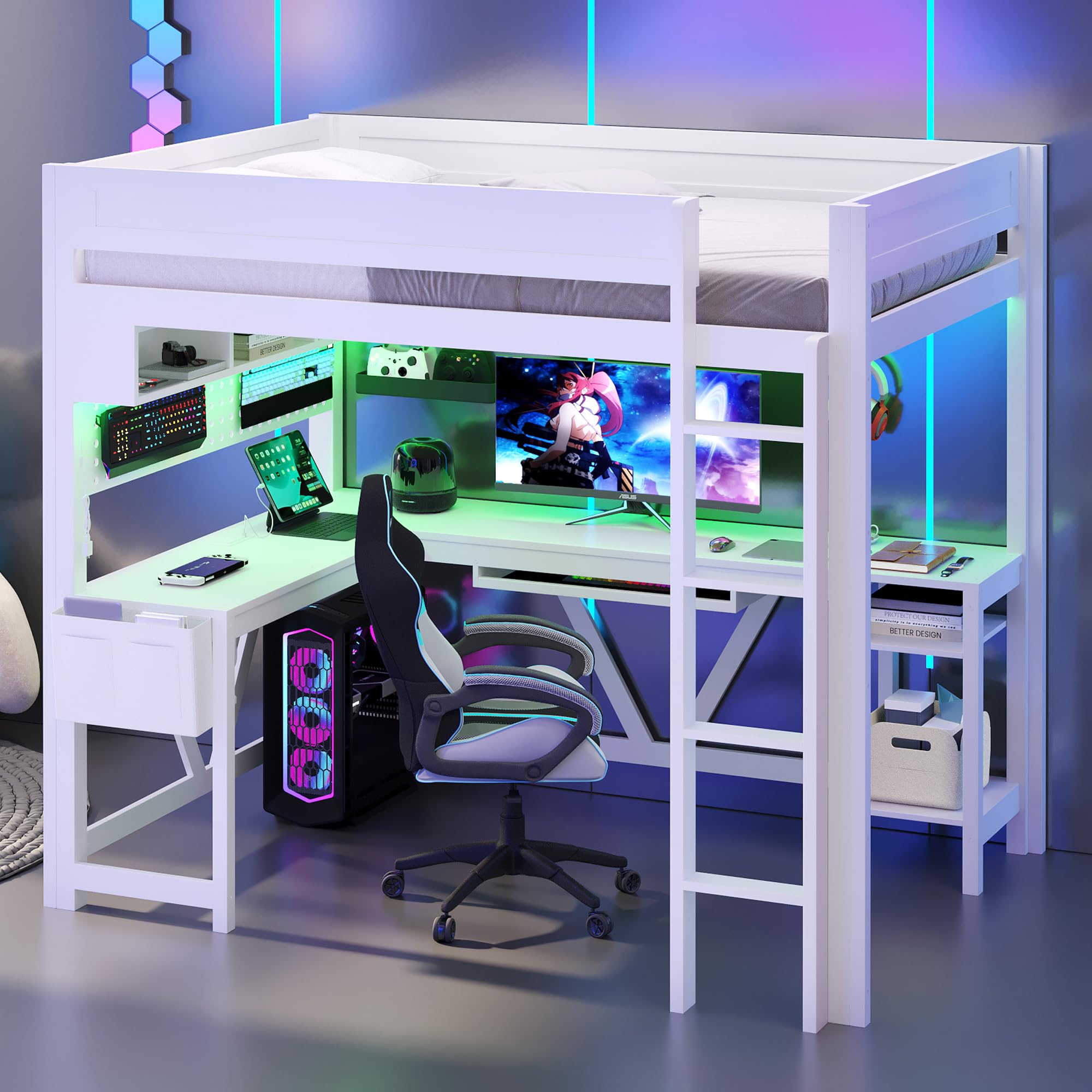 DERCASS Full Size Gaming Loft Bed in White