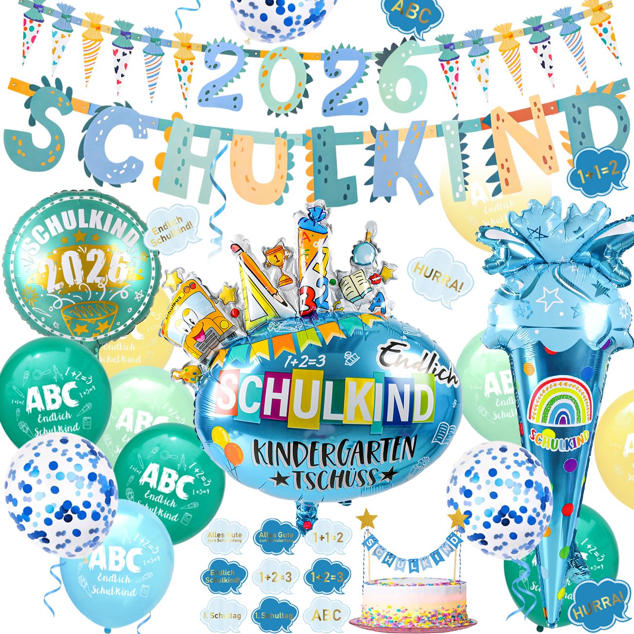 iZoeL SCHULKIND 2026 Deko Einschulung Junge, SCHULKIND Girlande + 2026 Zuckertüten Girlande + Zuckertüte SCHULKIND Folienballon + 15 Luftballon + 16 Konfetti Schulanfang Schuleinführung Deko