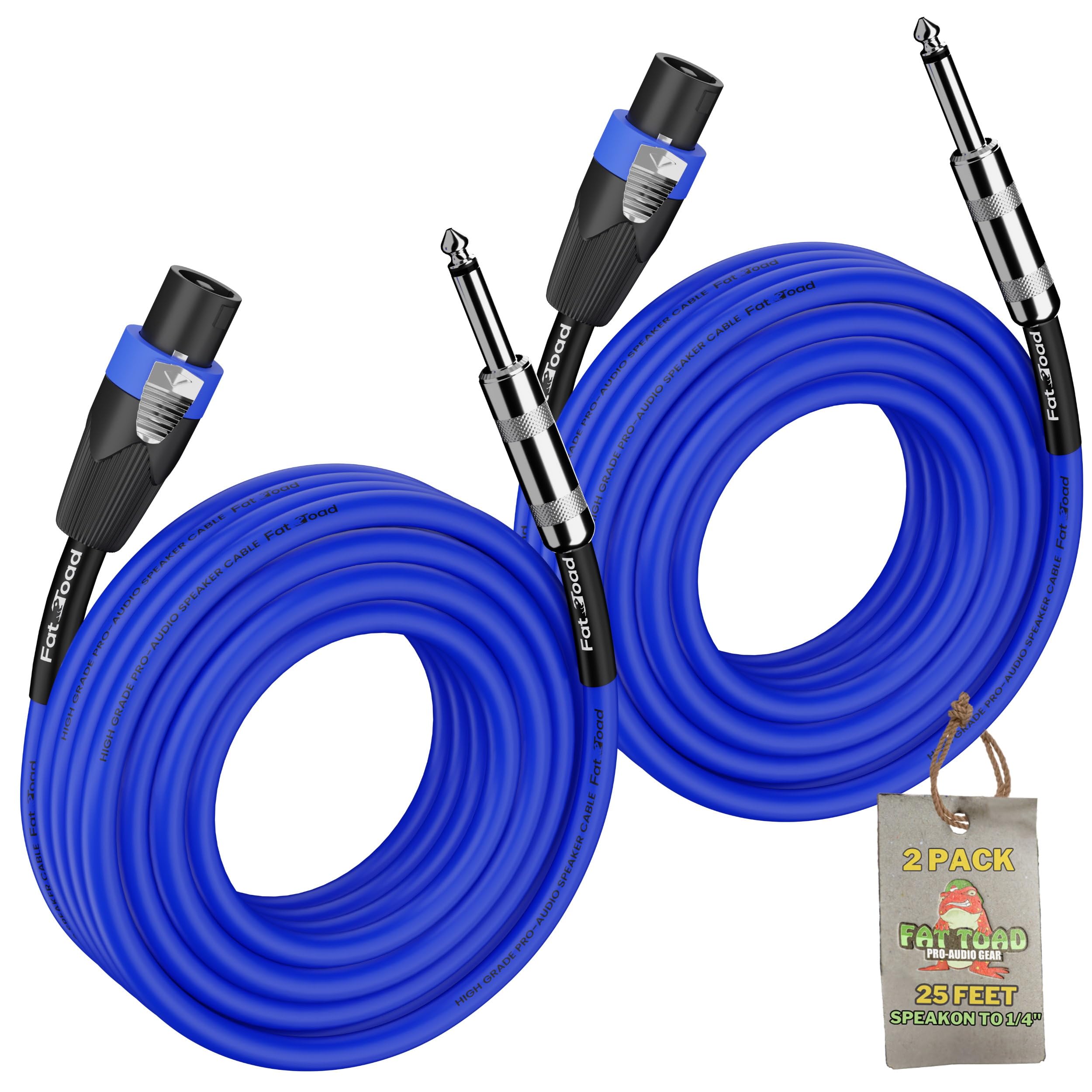 Fat Toad Speakon to 1/4" Male Cables (2 Pack) 25 ft Professional Pro Audio Blue DJ Speaker PA Cord with Twist Lock Connector | 12 AWG Wire for Impeccable Studio Recording & Stage Performance Gear