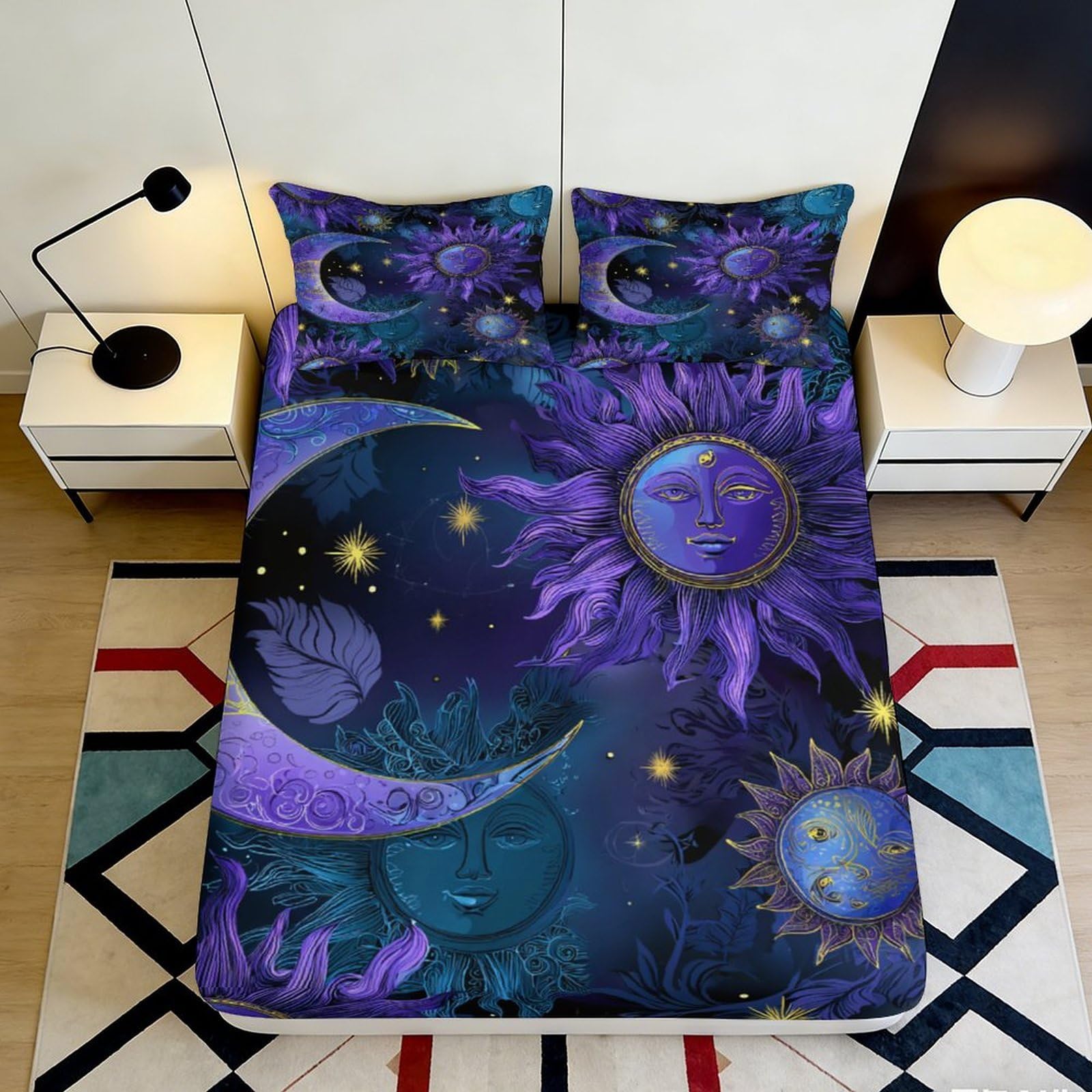 Pnayamiorkfel Style-5 3D Printed Purple Celestial Moon Sun Fitted Sheet Microfiber Soft Breathable Star Bed Cover For Bedroom Decor 90X200x25cm