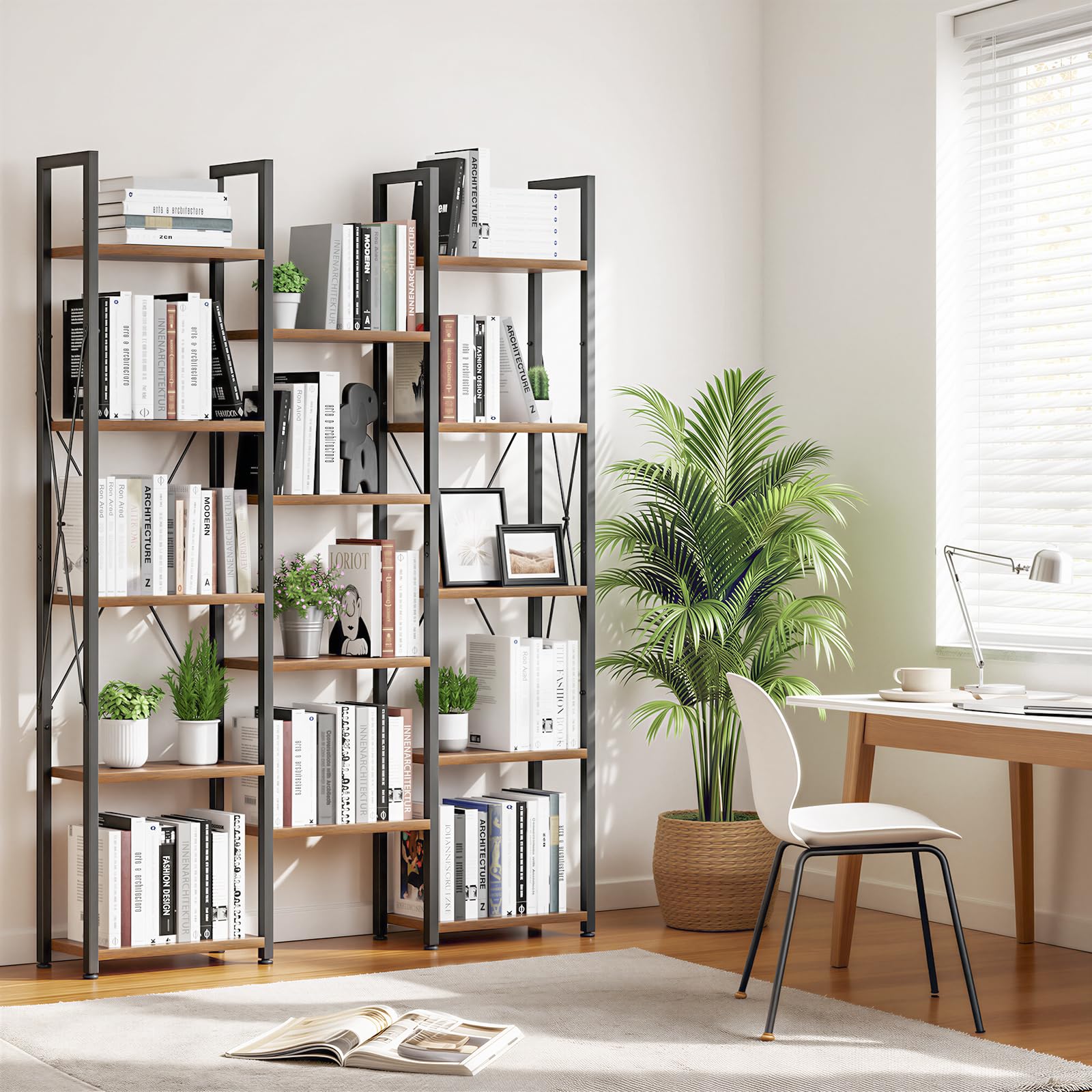 NUMENN Libreria a 5 ripiani a 3 colonne, vintage | Grande scaffale industriale per libri, ampia e moderna, facile da montare, per soggiorno, casa, ufficio, sala studio