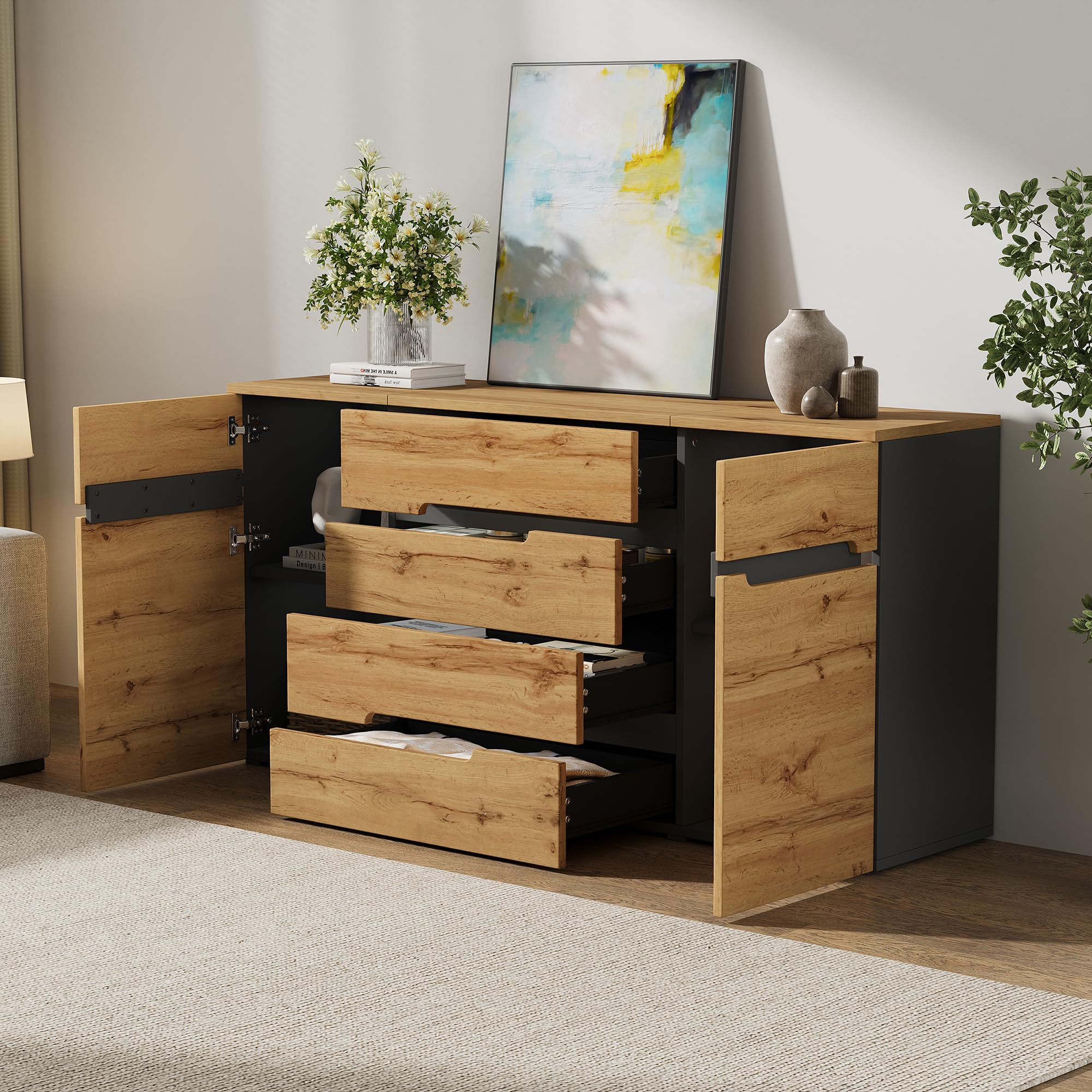 Merax Aparador con 2 puertas de armario, 4 cajones, aparador de madera, armario de cocina buffet, armarios anchos sin mango, color madera + negro/160 x 40 x 80 cm