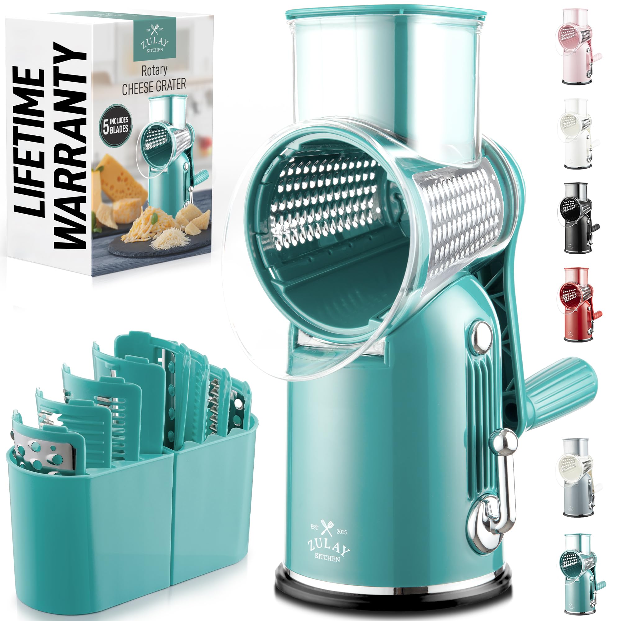 Rotary Cheese Grater Manual Hand Crank 5 Blade Shredder, Classic Green