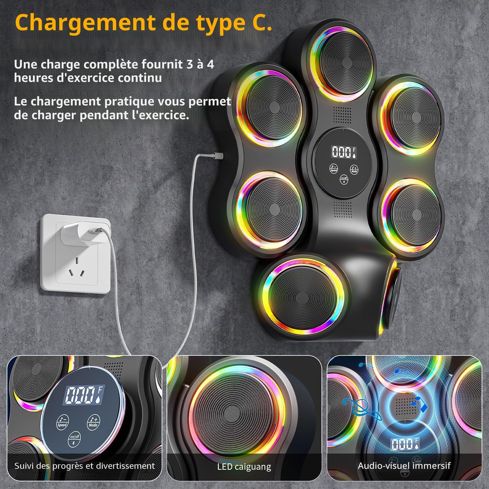 Machine de boxe musicale avec gants de boxe, entraîneur de boxe Bluetooth intelligent, machine de montage mural pour adultes et enfants, cible de boxe électronique pour la maison, le bureau, la salle