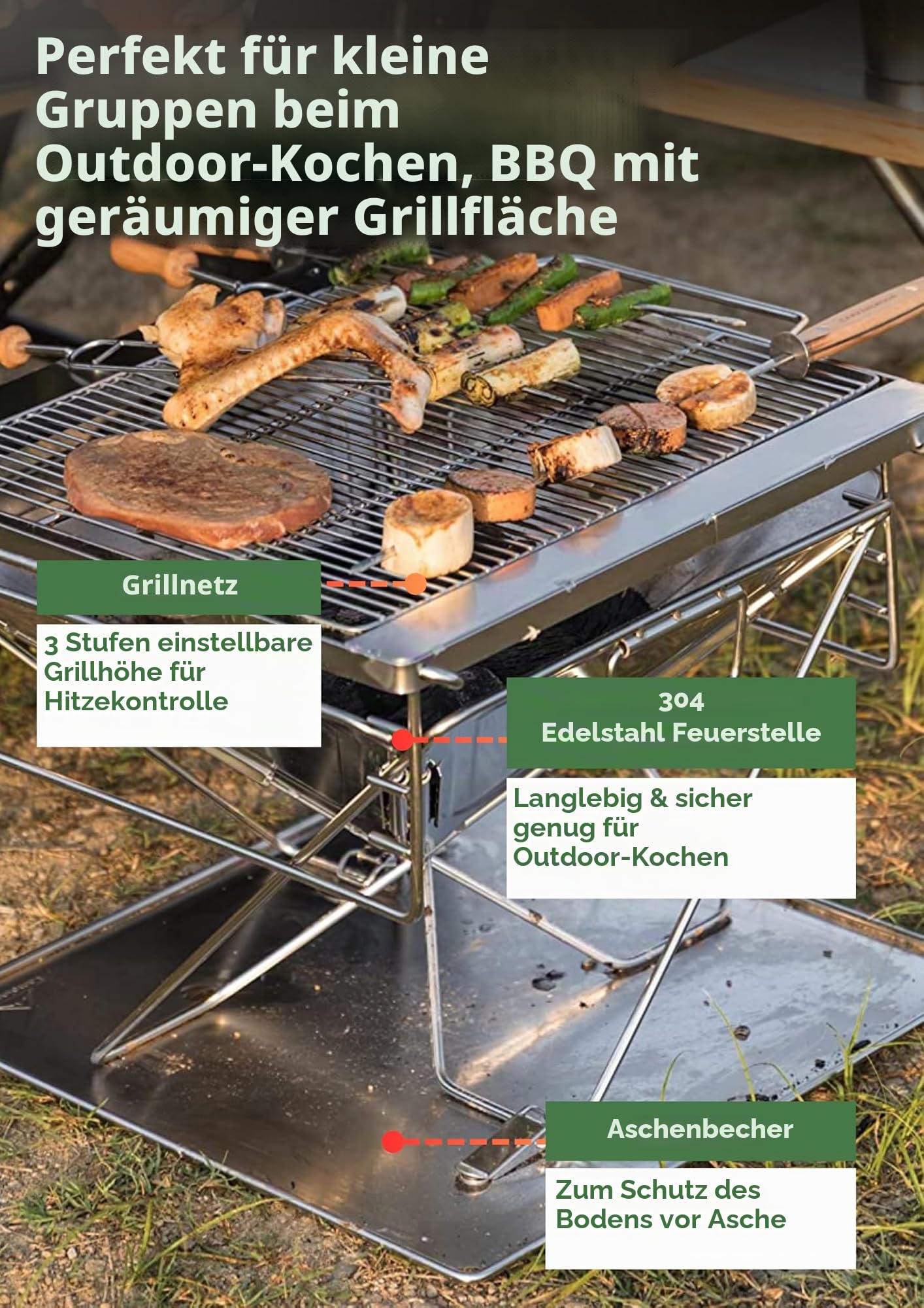 CAMPINGMOON 3-in-1 tragbarer Holzgrill und Feuerstelle aus Edelstahl, 35,6 x 39 cm, mit Tragetasche MT-035