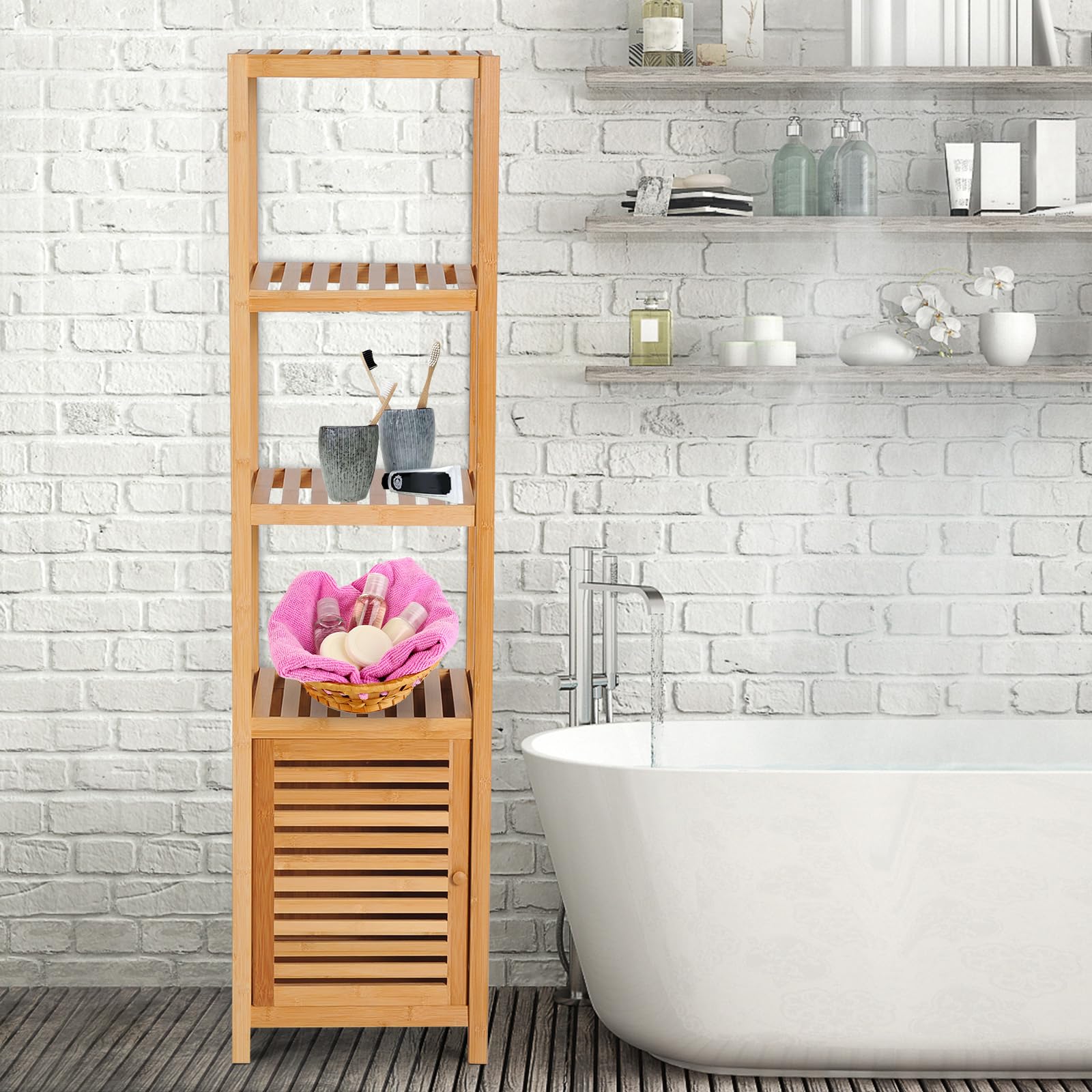HOMCOM Estantería de Bambú para Baño Armario Alto Librería Organizador 4 Niveles 1 Puerta 36x33x140cm