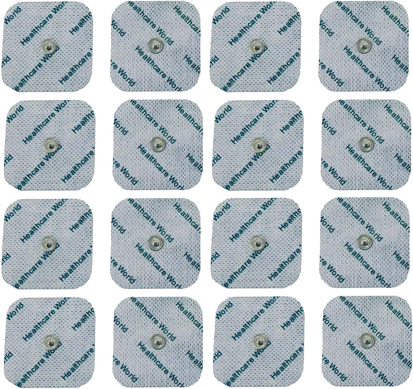 Healthcare World 16 TENS Electrode Pads - 5 x 5 cm Gel Pads with 3.5 mm Push Button - Reusable & Compatible with TENS/EMS Devices