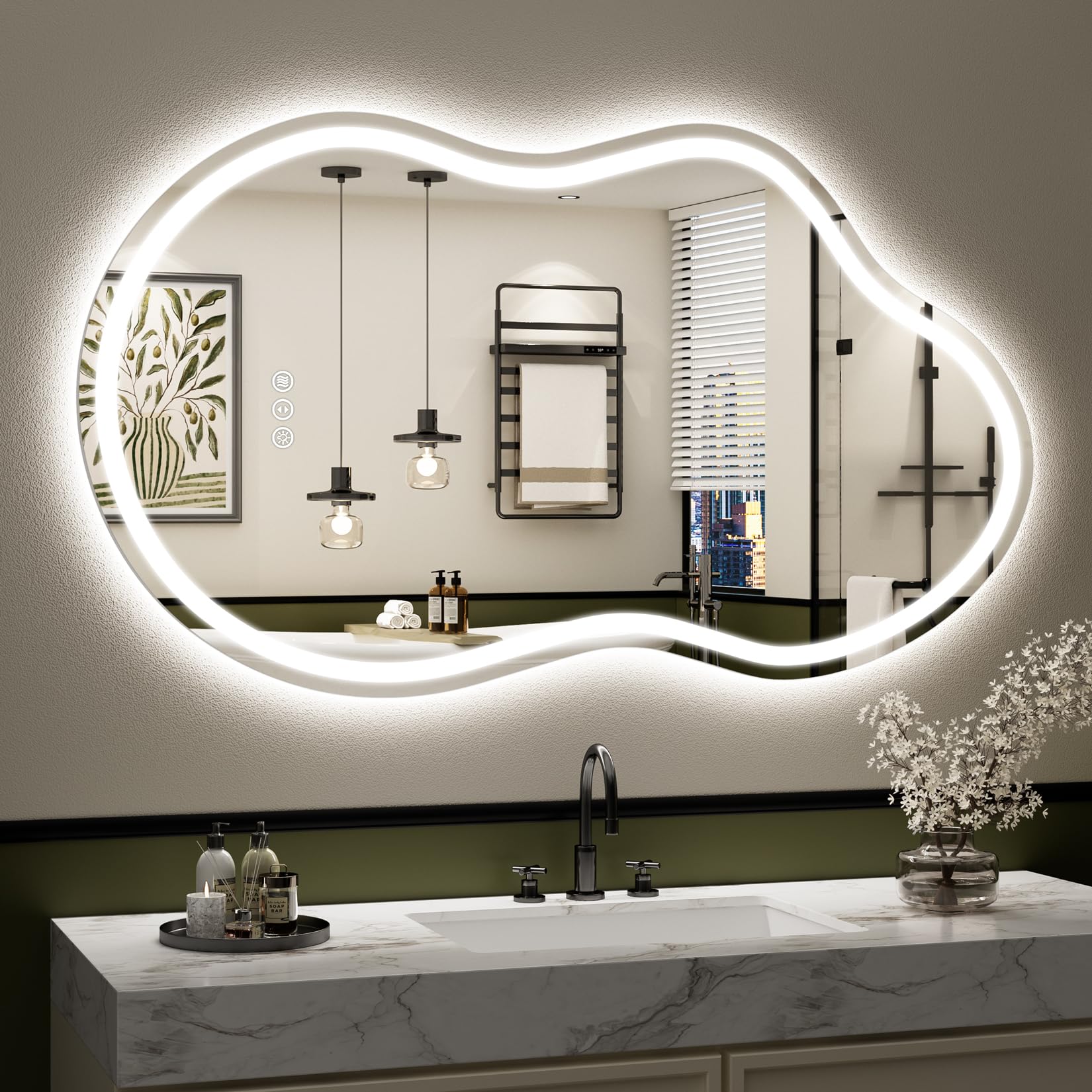 40x24 Asymmetrical LED Bathroom Mirror Backlit &amp; Front Lit Anti-Fog | Irregular Cloud Lighted Vanity Mirror, Dimmable, 3-Color Light, Memory, CRI95, Tempered Glass, UL Listed, Horizontal/Vertical