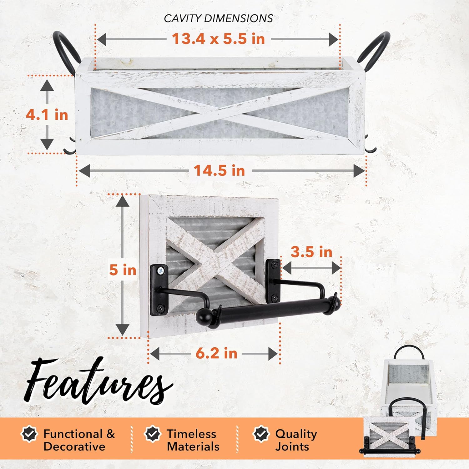 Autumn Alley Farmhouse Toilet Paper Holder & Basket Set - White Farmhouse Bathroom Organizer - Rustic Bathroom Accessories with Weathered Solid Wood, Galvanized Metal