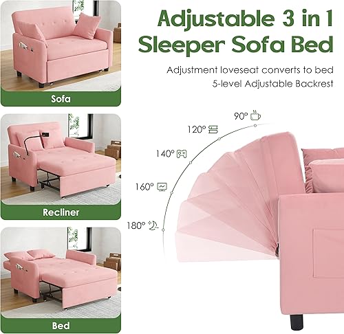 Miniatura 6 de Sofá cama convertible 3 en 1, sofá cama plegable pequeño, futón tamaño matrimonial, sofá biplaza de terciopelo de 46 pulgadas con almohada y soporte