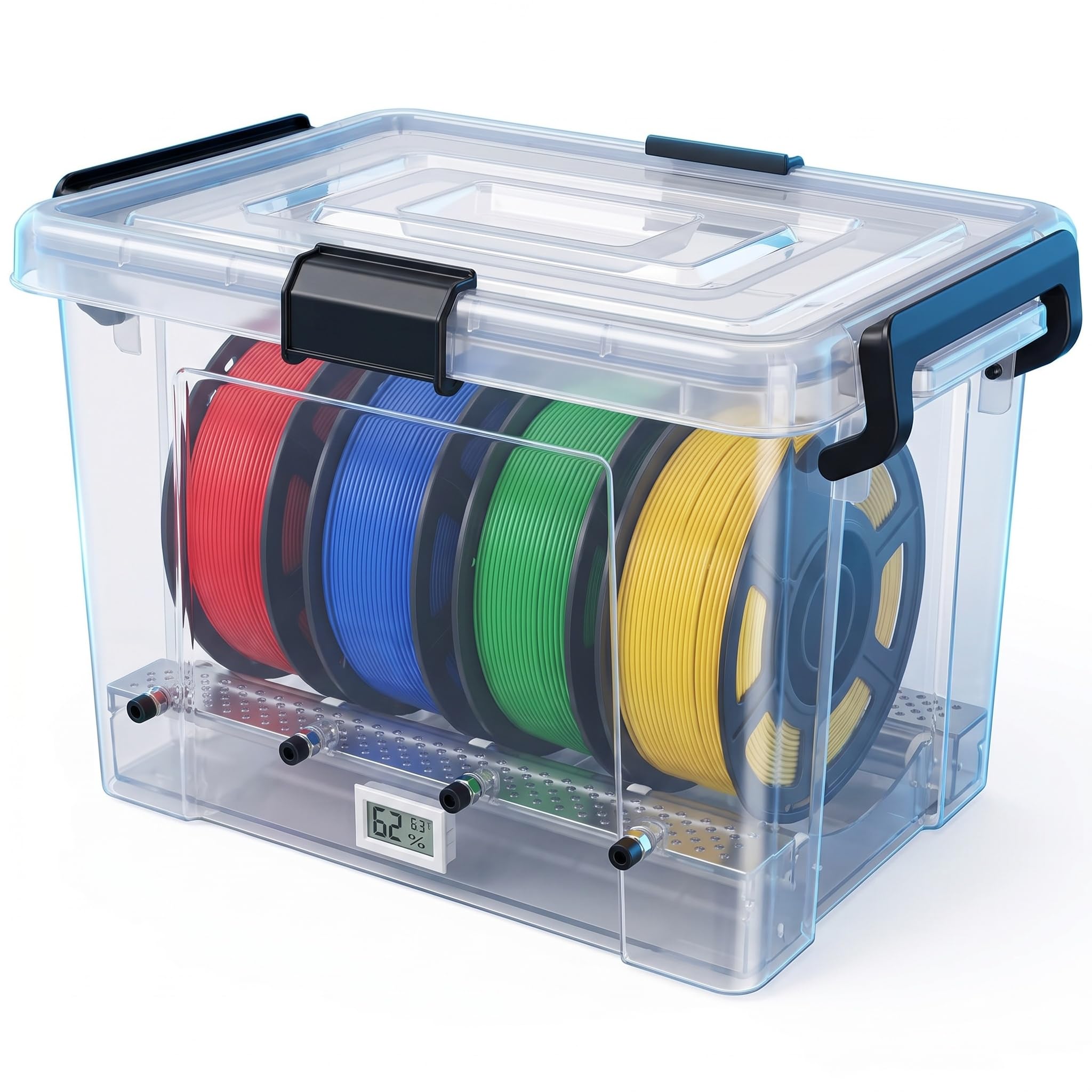 WHOOLEFUN 3d Printer Filament Dry Storage Box, 4-roll Capacity, Fits 1kg Spools, Sealed Moisture Proof & Dustproof Container With Hygrometer Thermometer, For Pla, Abs, Petg Filament