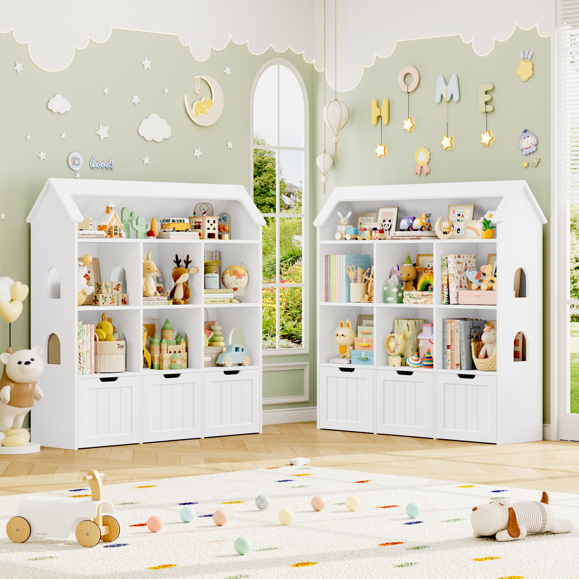 Bibliothèque Enfant En Forme De Maison FOREHILL - 7 étagères + 3 Tiroirs à Roulettes - Dimensions 120x30x117.5 Cm - Blanc - Rangement Jouets Et Livres
