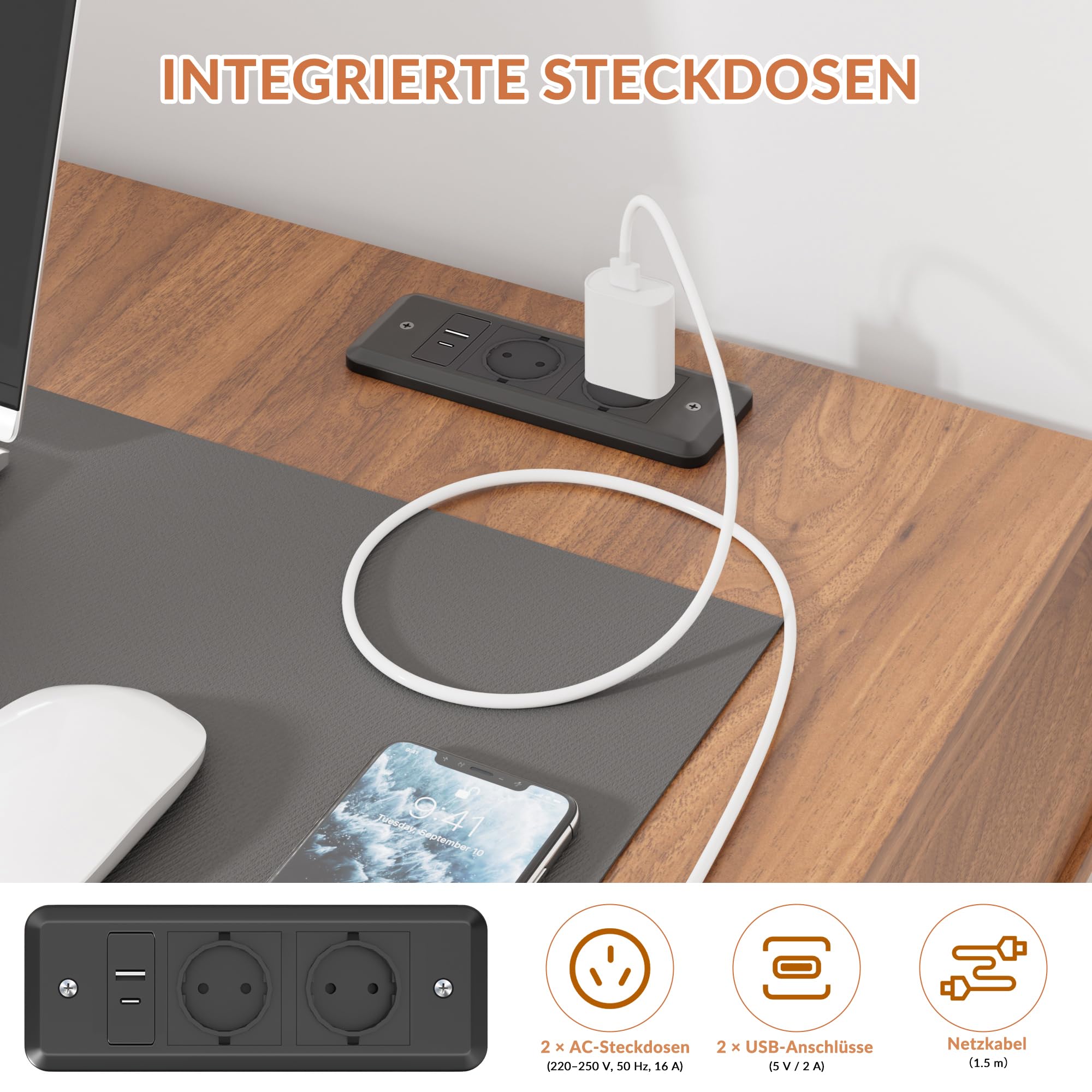 Escritorio Madera con Enchufes USB, 109x51x76cm, 40L Almacenamiento, Nogal Impermeable, para Oficina, Dormitorio, Mesita de Maquillaje，Cable de Alimentación， Mid-Century Modern