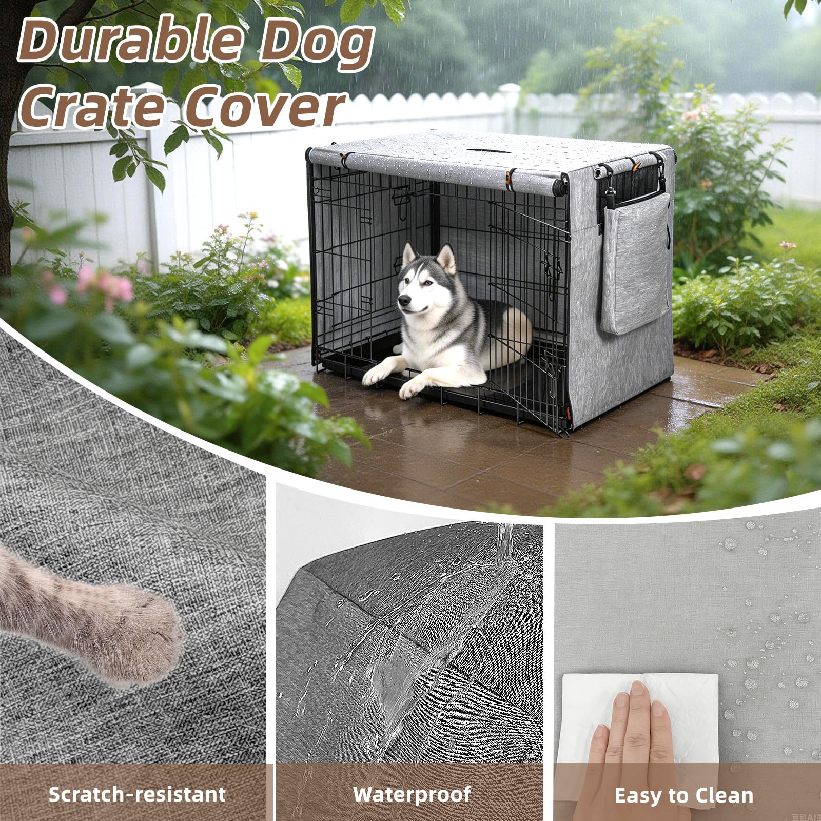 600D Hundekäfigabdeckung, wasserdichte Haustierhüttenabdeckung mit Aufbewahrungstasche, passend für 106,7 cm Drahtkäfig-Hundekäfig, 106,7 cm, Grau