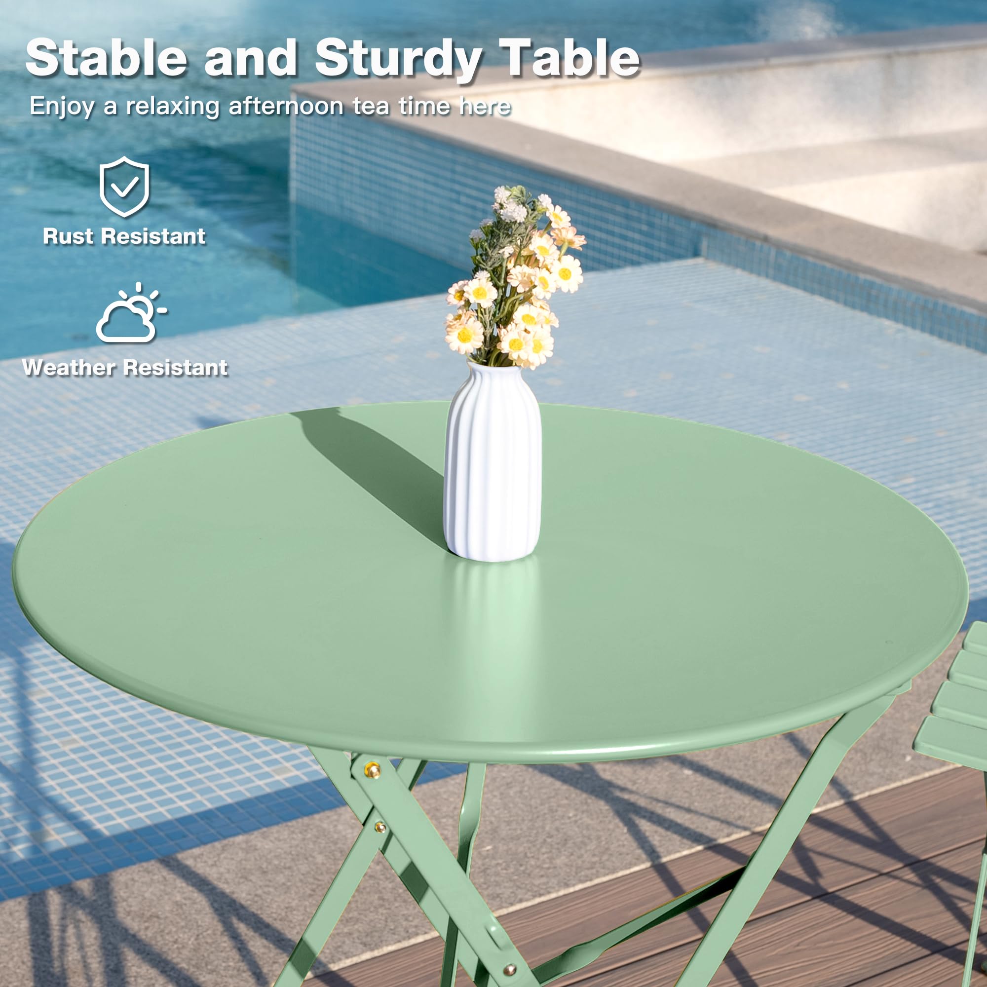 Set di mobili da giardino resistente alle intemperie, set da 3 pezzi, per piccoli balconi, tavolo da bistrot con 2 sedie, set da bistrò, pieghevole, verde