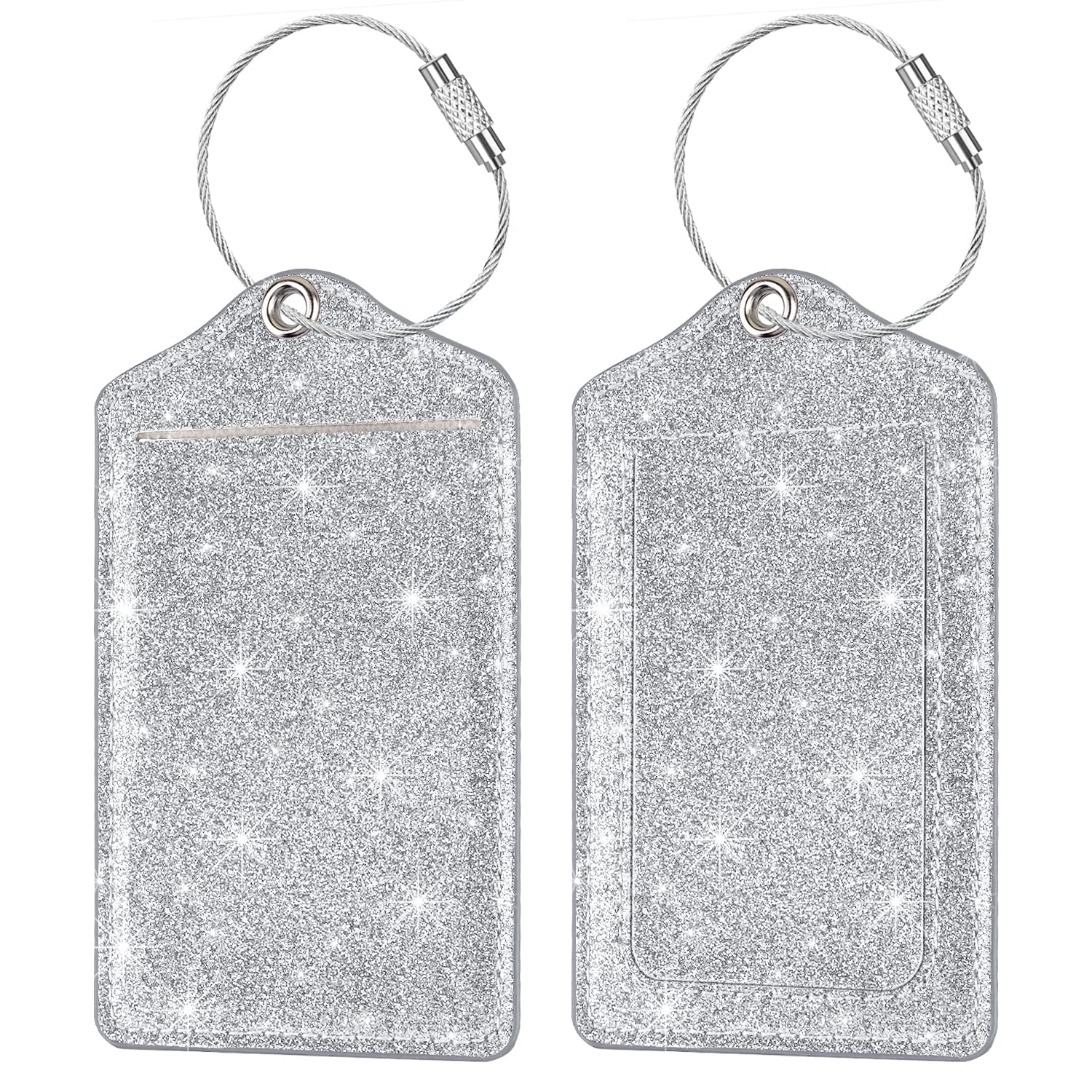 Photo 1 of (Set of 2) Luggage Tag Leather Privacy Cover ID Label Address Card with Stainless Steel Loop, Travel Bag Tags Suitcase Labels, Glitter Silver