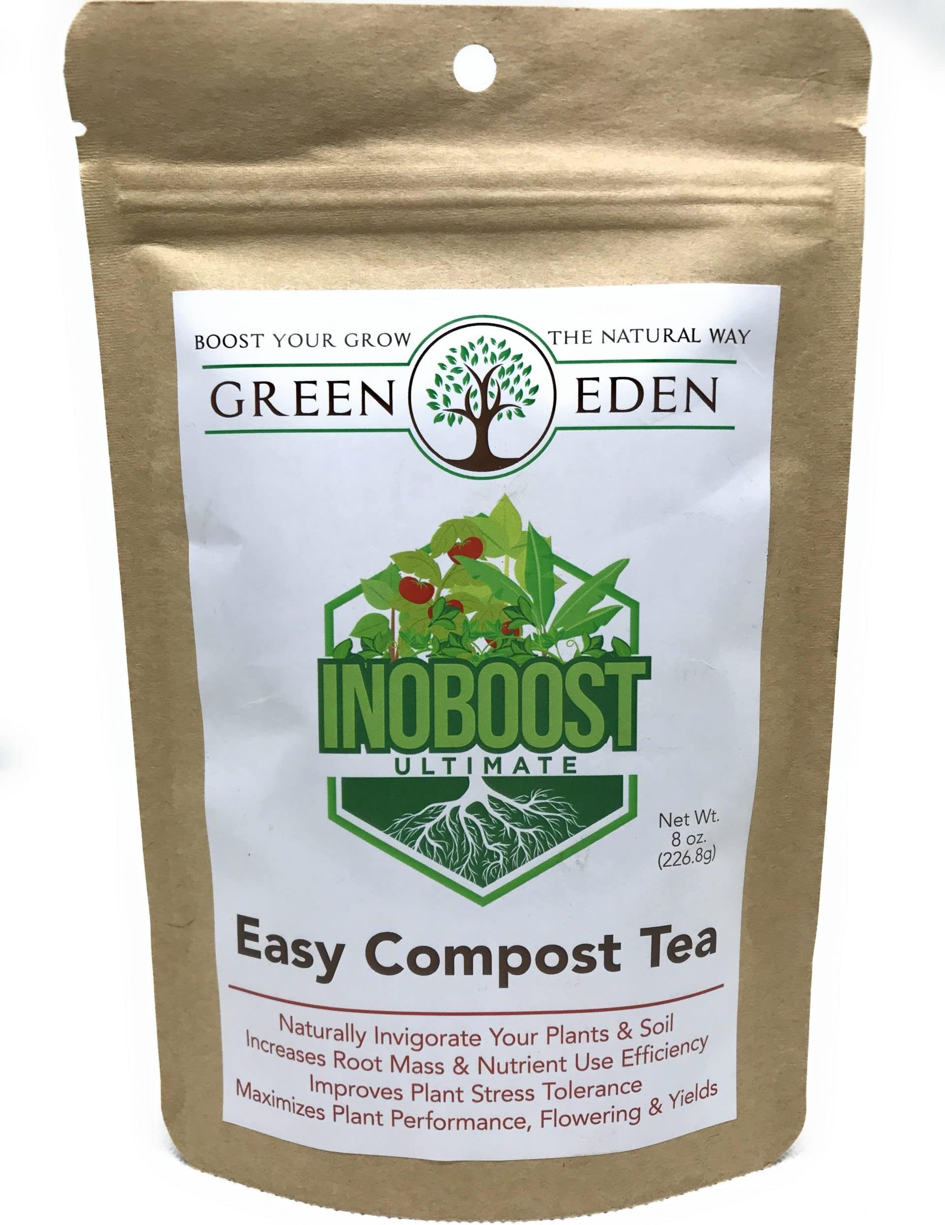 GreenEden InoBoost Ultimate Easy Compost Tea for Plants - Nutrient & Bloom Booster - Soluble Biostimulants for Plant Growth, Flowering & Yields - 8oz. Microbial Inoculant - Super Soil