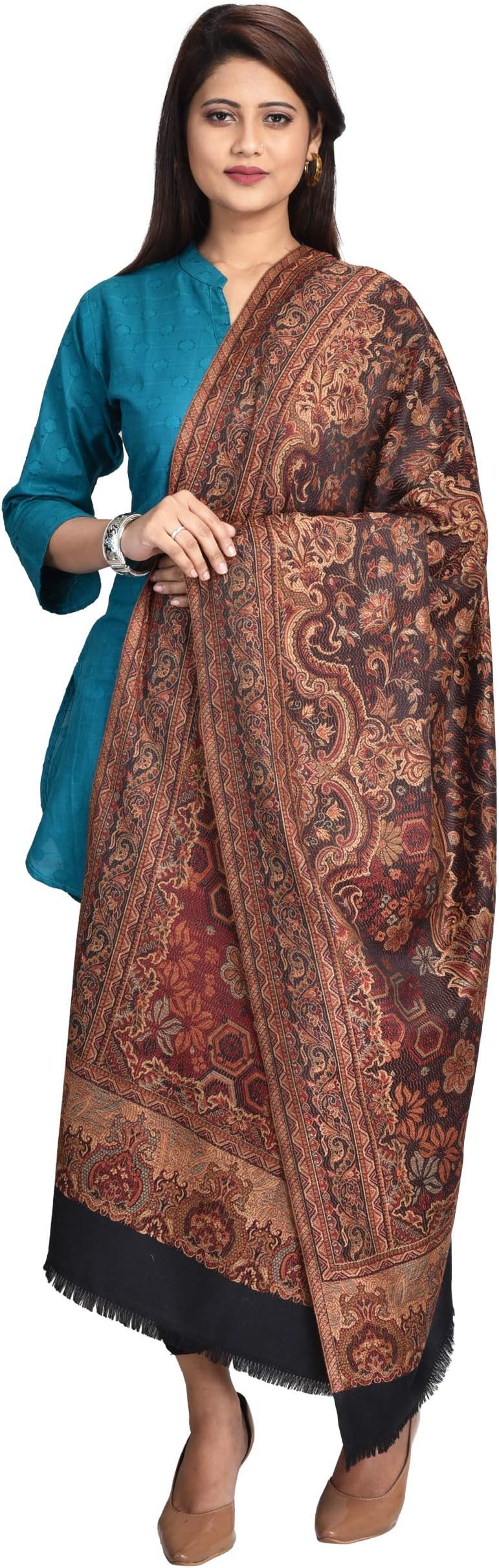 SWI STYLISH Women's Kashmiri Jamawar Inspired Shawl – Warm Silky Soft Polyester Winter Wrap (100x200 cm) Large Designer Shawl for Ladies