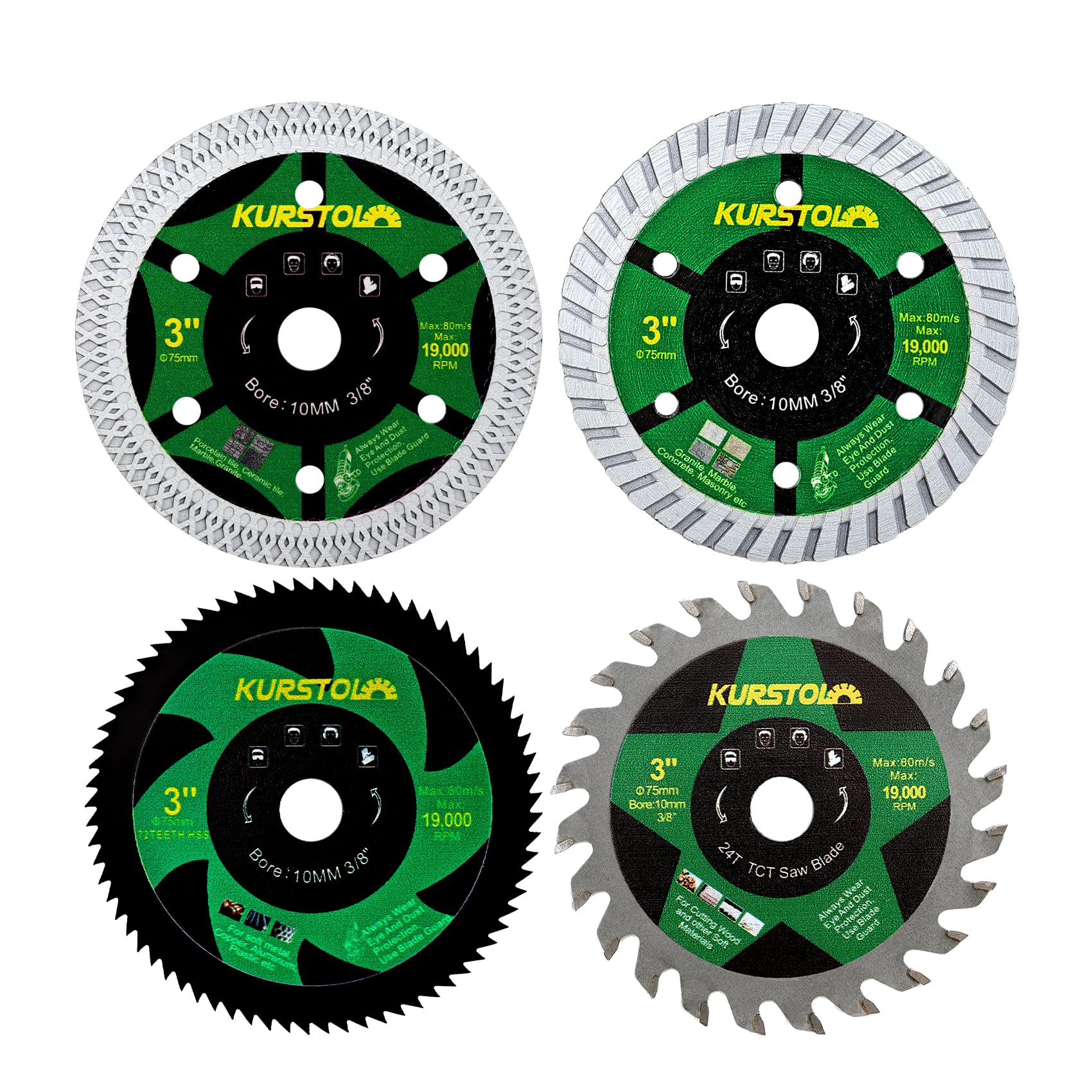 KURSTOL Diamond Saw Blade Set - 4pcs 75mm Cutting Disc for Tile Metal Wood Plastic Concrete with 10mm Bore for Mini Angle Grinder