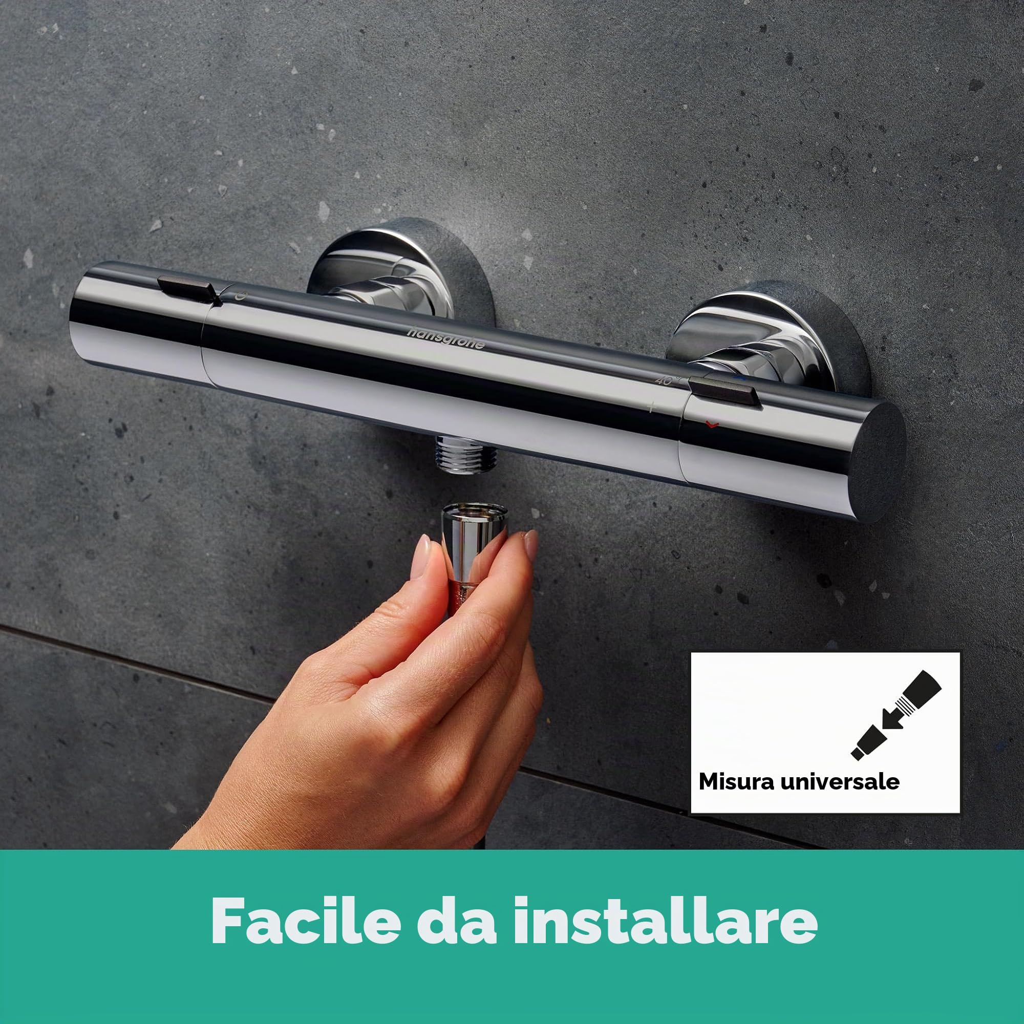 hansgrohe Ecostat Fine - Miscelatore termostatico per doccia esterno con EcoStop+, Rubinetto termostatico con blocco di sicurezza (SafetyStop) a 40° C, Termostato per doccia, 1 utenza, cromo, 13324000