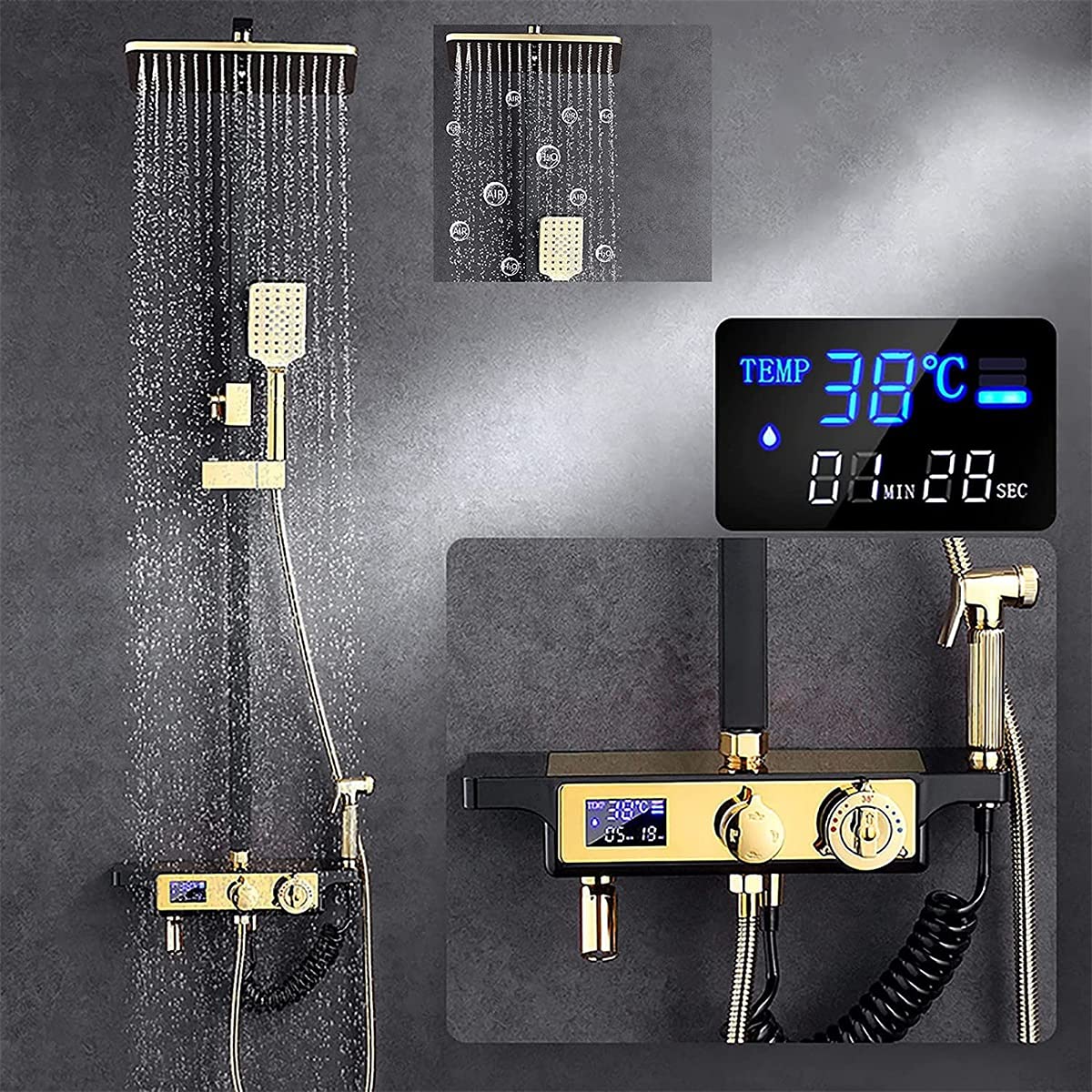 Sistema Doccia a Pioggia, Set termostatico Combinato, Rubinetto per Bagno in Oro e Nero con soffione a Pioggia, doccetta, Rubinetto per Vasca, doccetta Bidet, Display Digitale
