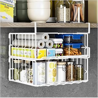 Hanging Wire Storage Basket, 2 Pack Hanging Under Shelf Storage Basket, Space Saving Under Cabinet Metal Basket with Hooks, Multi-Use Wire Basket Racks for Kitchen, Pantry, 12.6INCH (White)
