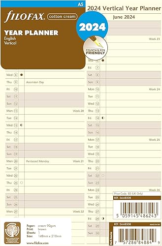 Filofax Calendario de recambio de diario, tamaño A5, planificador de año vertical, papel crema de algodón, inglés, 2024 (C68508-24)