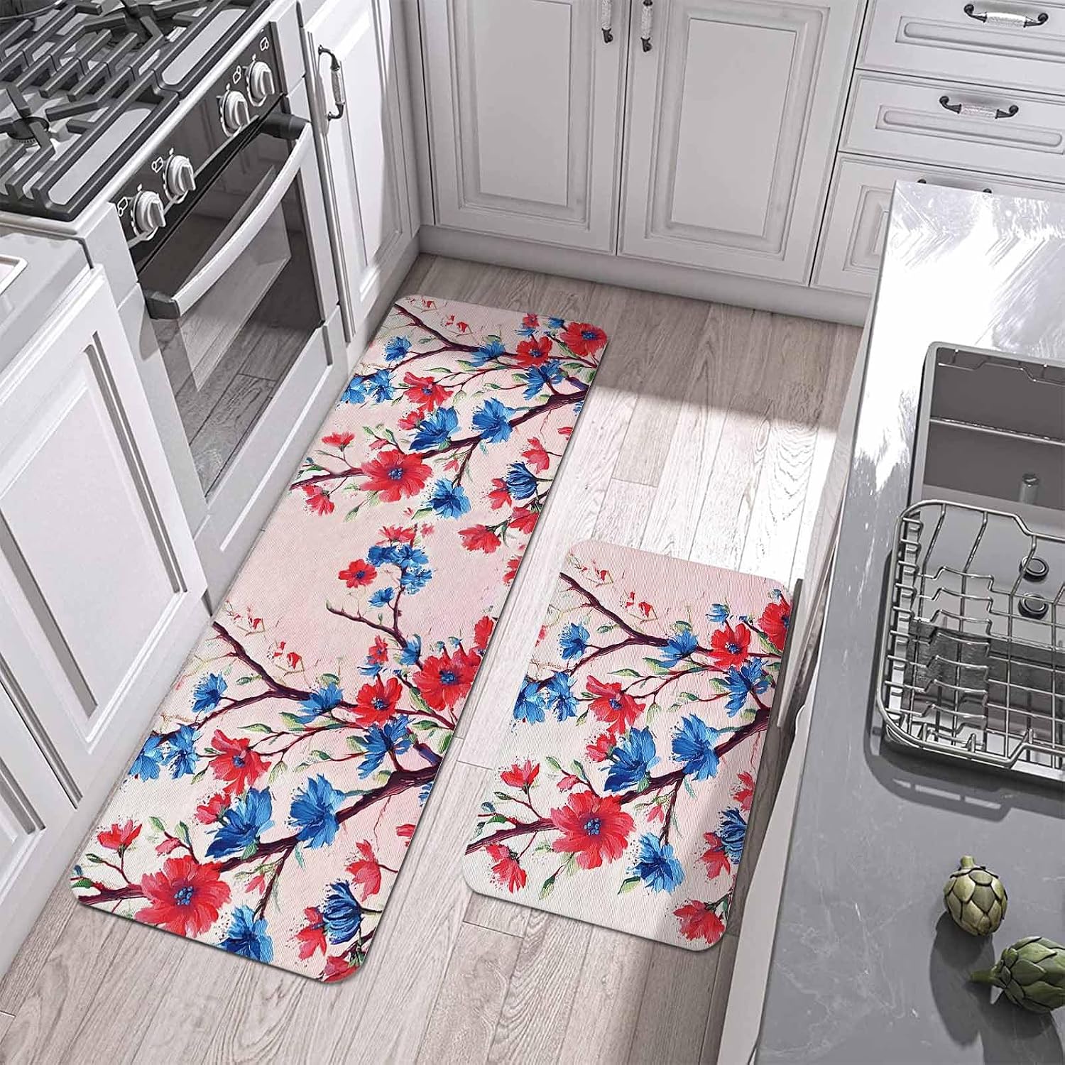 Prime Leader Independence Day Kitchen Mat Set 2 Pieces Red Blue Floral Branch Pink Wood Stripes Non Slip Kitchen Rugs Washable Runner Rug Mats for Sink Laundry (15.7" x 23.6"+15.7" x 47.2")