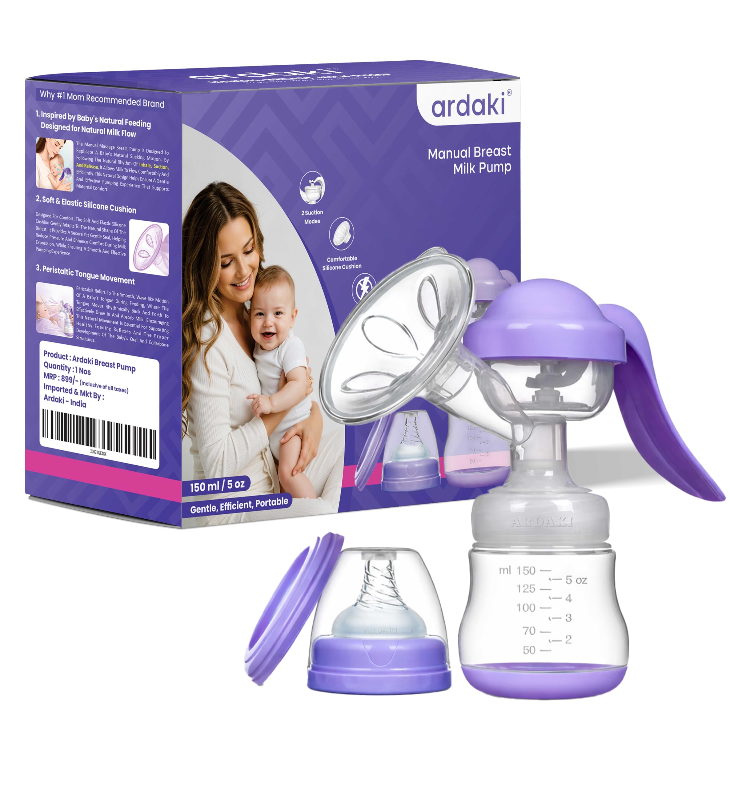 ARDAKI Breast Pump for Feeding Mothers, 3 Level Suction Adjustment, Flexible Silicone Massage Cushion & Ergonomic Handle for Easy & Painless Breast Milk Expression, Manual Breast Pump, BPA Free-image-9