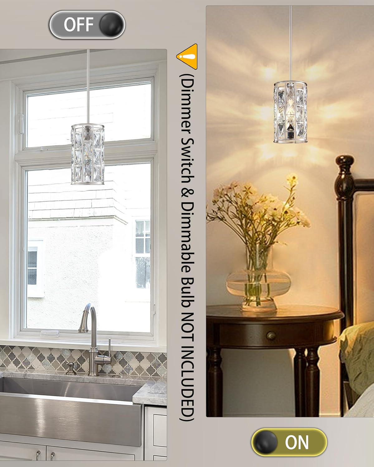 3 Pack 1 Light Hanging Kitchen Island 5.5" Crystal Modern Pendant Light Fixture,Brushed Nickel Finish with Crystal Shade for Bar,Dining Room,Corridor,Living Room Over Sink