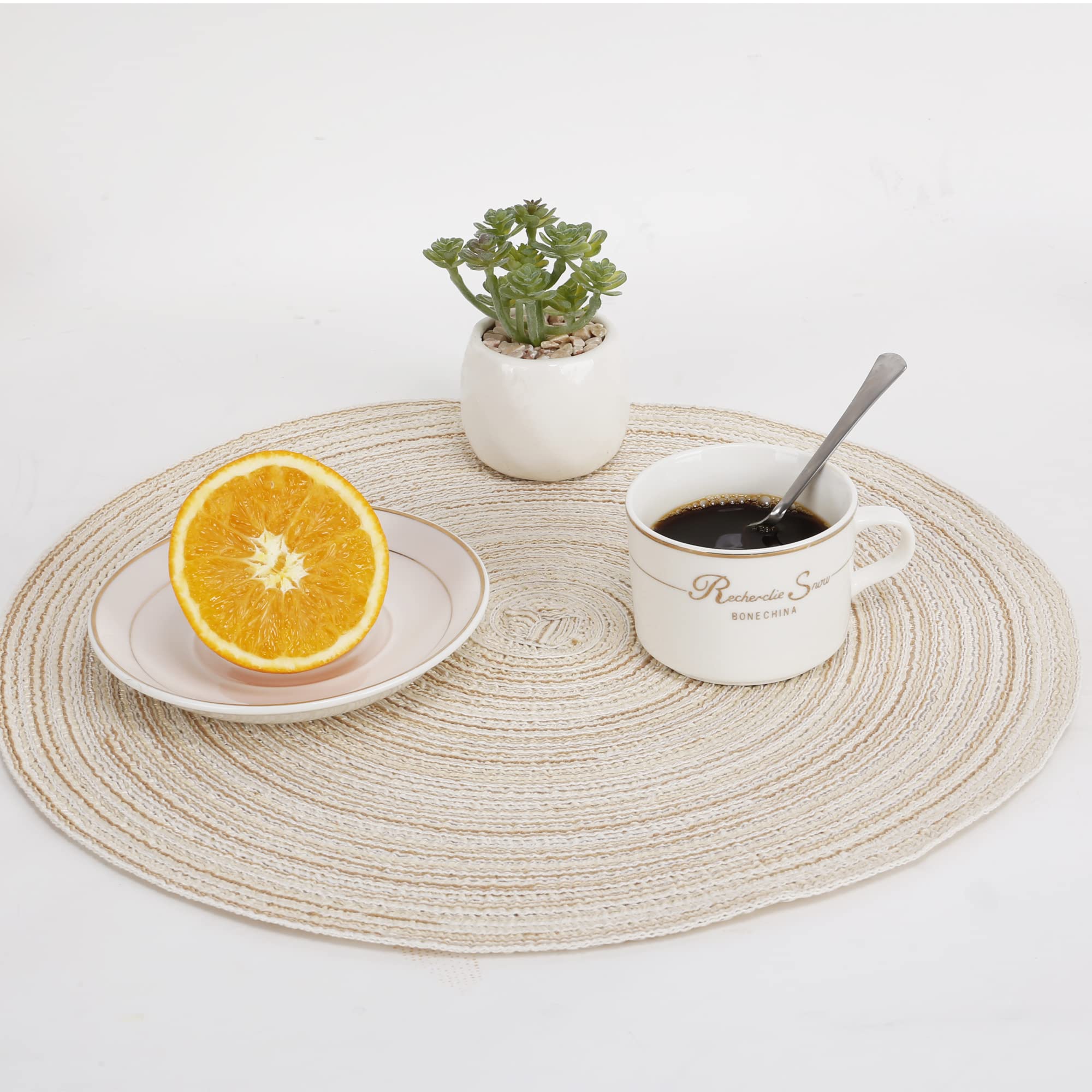 Tischset Rund Geflochten, Platzset Rund 6 stück, Baumwolle Tischsets Abwaschbar Hitzebeständige, 37 * 37 cm (Beige)