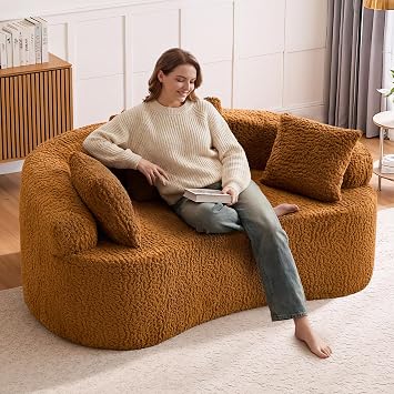 Curved Couch Loveseat Sofa, Luxury Deep Seat Loveseat Sofa Couch for Small Place, Modern Cloud Couch Floor Couch with 3 Pillows for Living Room & Bedroom, No Assembly RequiredBrown